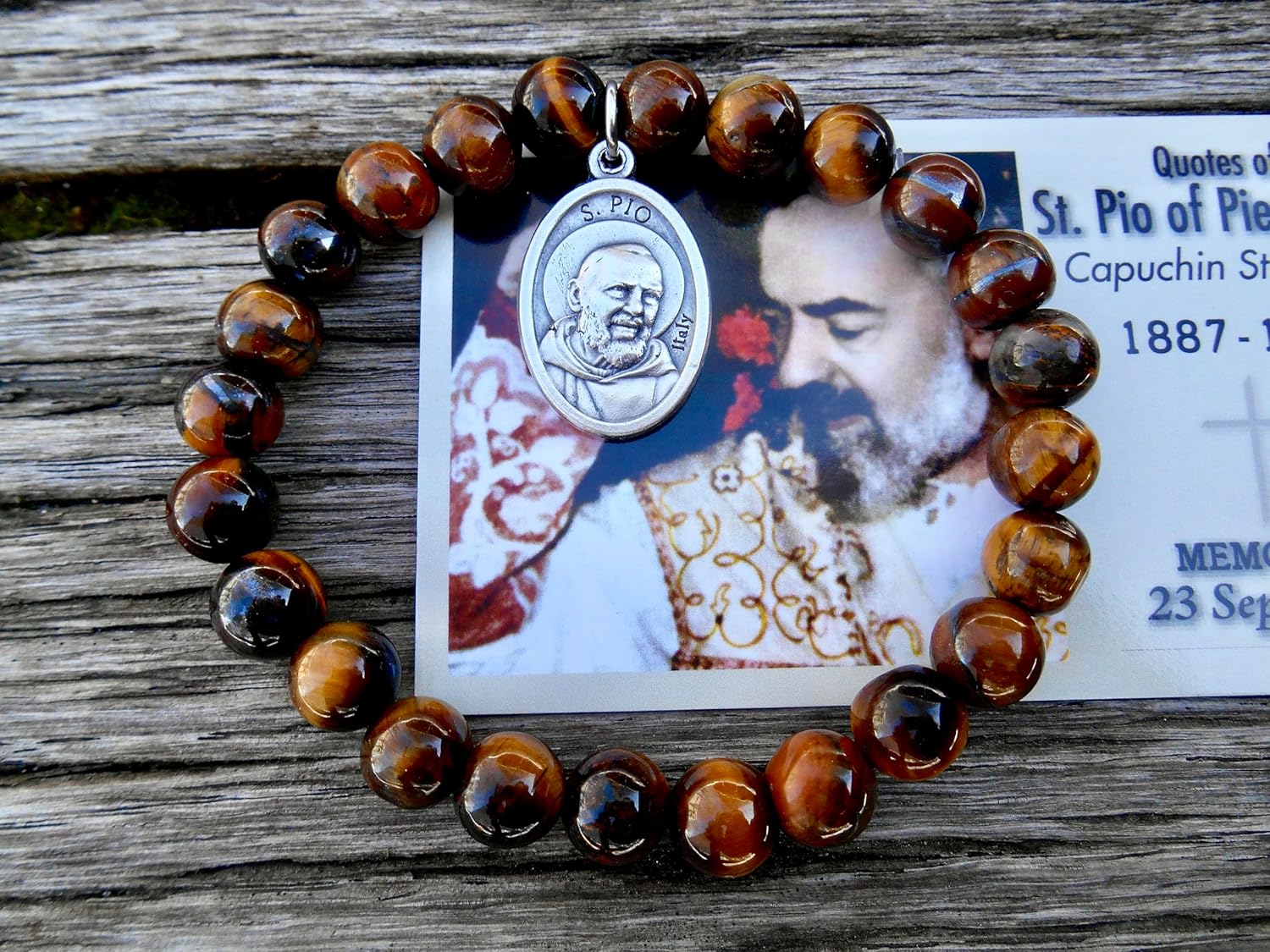 Saint Padre Pio Stretch Bracelet, 8mm Tiger Eye, Confirmation Bracelet, Cancer Support, Illness Recovery, Patron Saint, St Pio Bracelet, Size (Medium ~ 7.0 Inch Wrists) - Image 5