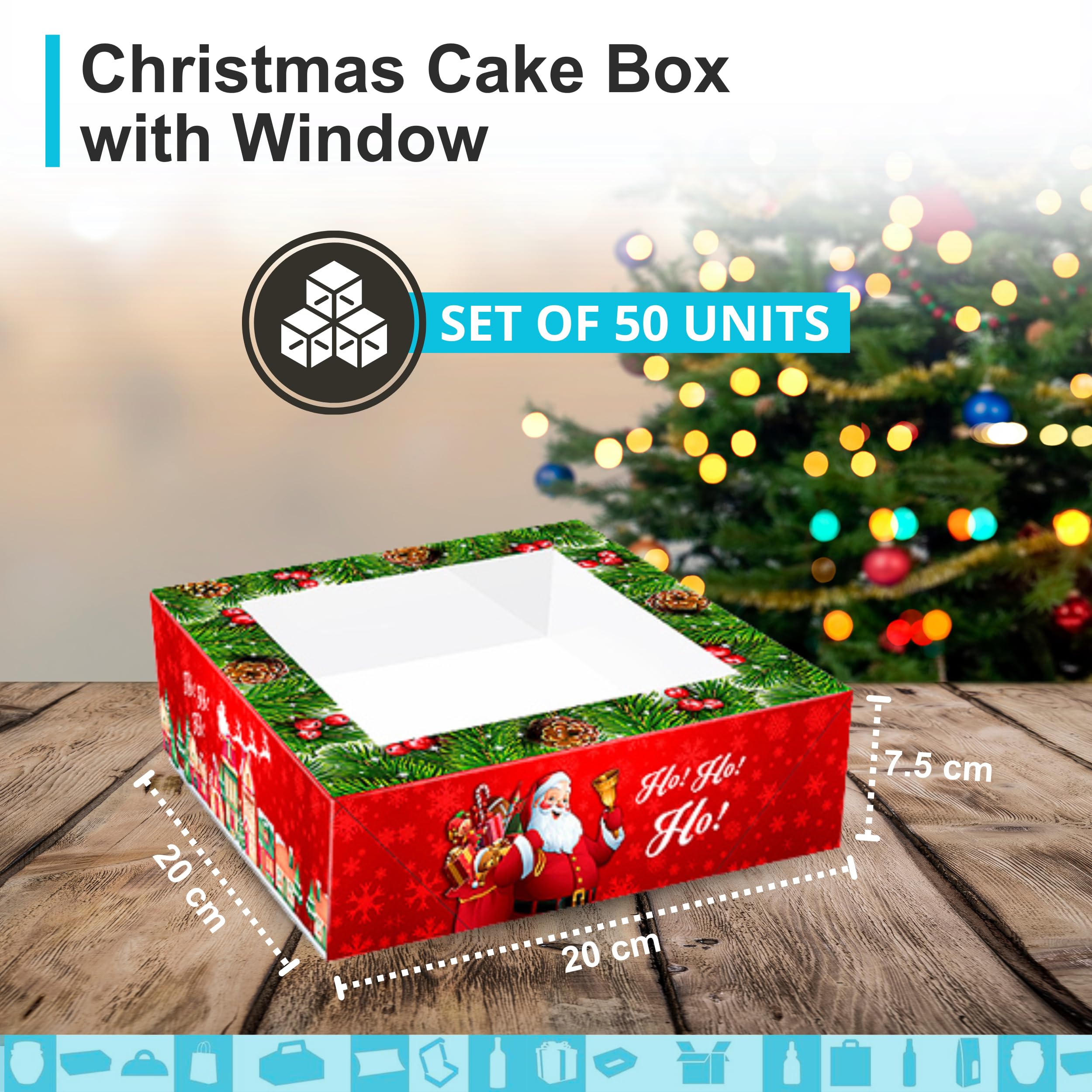 Espirito Rebelde 50 cajas de cartón para tartas con ventana (20 x 20 x 7,5 cm) – Diseño de Navidad, caja de panadería – Cajas para tartas de Navidad, galletas, magdalenas