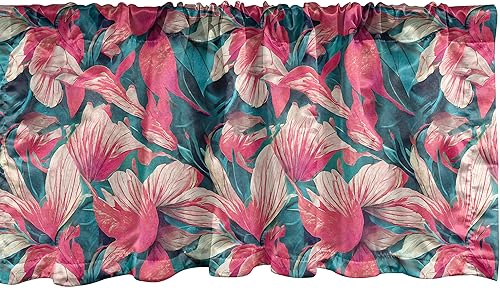 Ambesonne Cenefa de ventana floral, estilo retro ondulado realista, impresión digital de flores, cenefa de cortina para decoración de cocina y