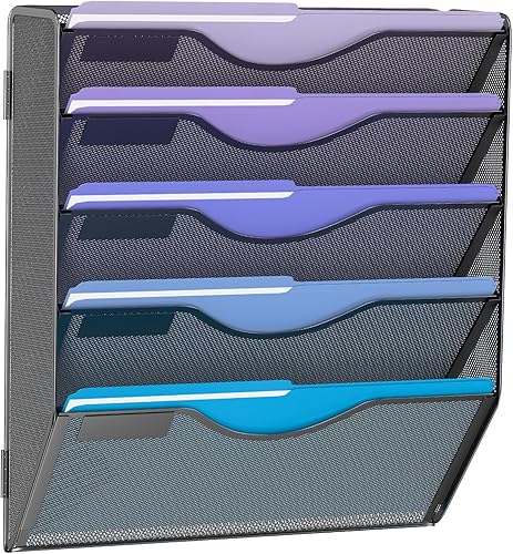 Miniatura 12 de Organizador de archivos colgante de 6 niveles, soporte de malla para archivos de pared, estante para carpetas de papel con bandeja plana inferior