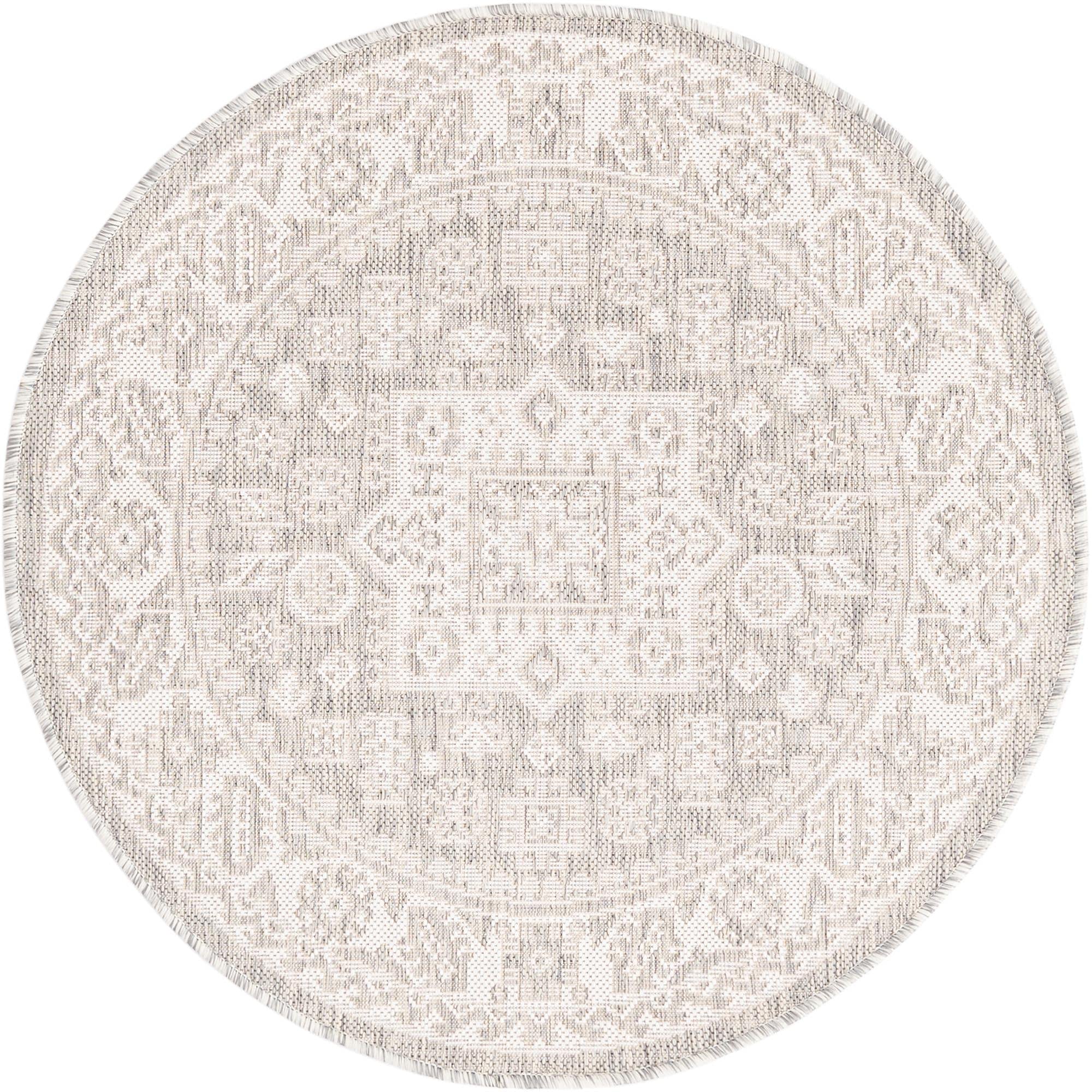 Rugs.com Outdoor Aztec Collection Rug – 3 Ft Round Light Gray Flatweave ...