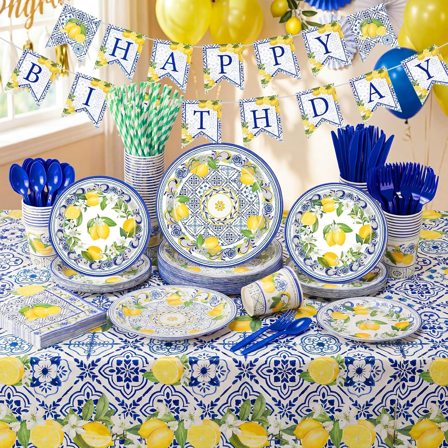 403 Pcs Capri Lemon Birthday Party Decoration for 50, Blue Tiles Yellow Lemon Birthday Paper Plates Napkins Cups Tablecloth Cutlery Banner for Amalfi Coast Summer Positano Party Supplies image 5