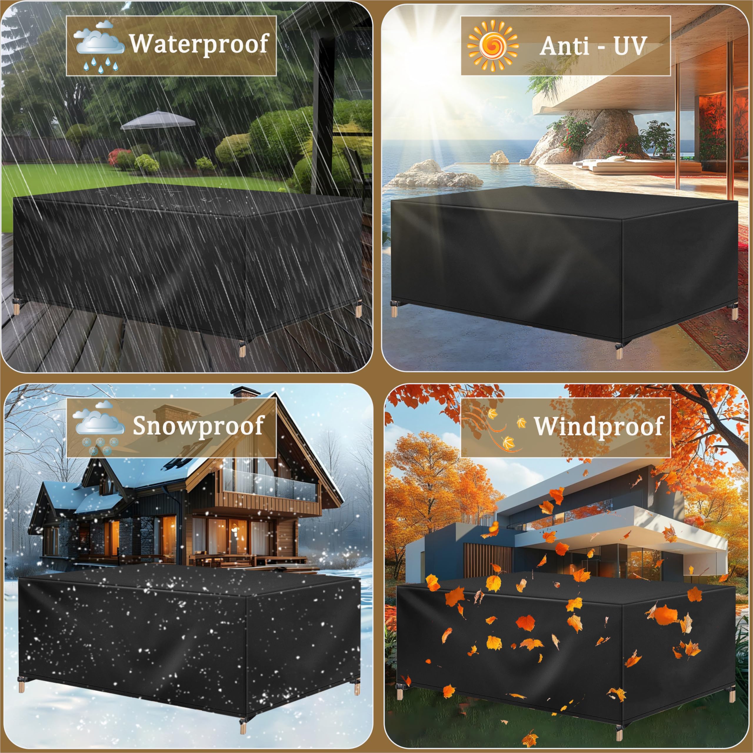 HNKDKJ XL Gartenmöbel Abdeckung 370x160x120cm/LxBxH Wasserdicht UV-beständig Staubdicht 420D Oxford Stoff Schutzhülle Abdeckplane Gartentischabdeckung Abdeckhaube Schutzplane Regenschutz - Schwarz