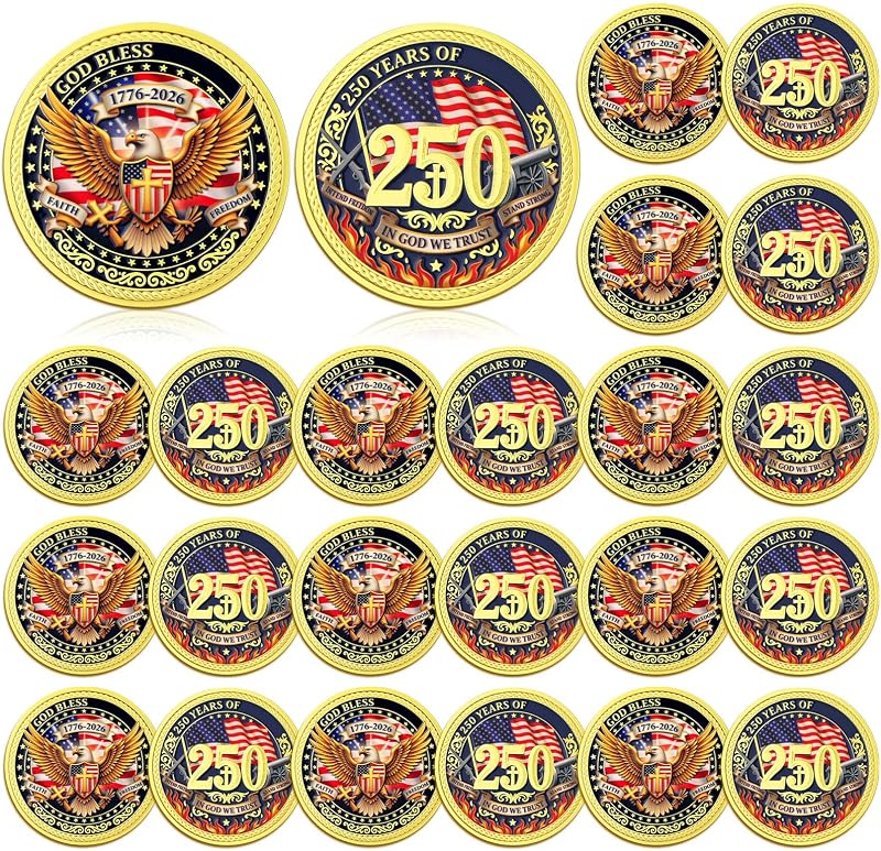 20 Pcs 250th Anniversary Coins Bulk, 4th of July Challenge Coins God Blessings 1776-2026 US Commemorative Challenge Coin with Bald Eagle Veterans Gift for Patriotic Independence Day