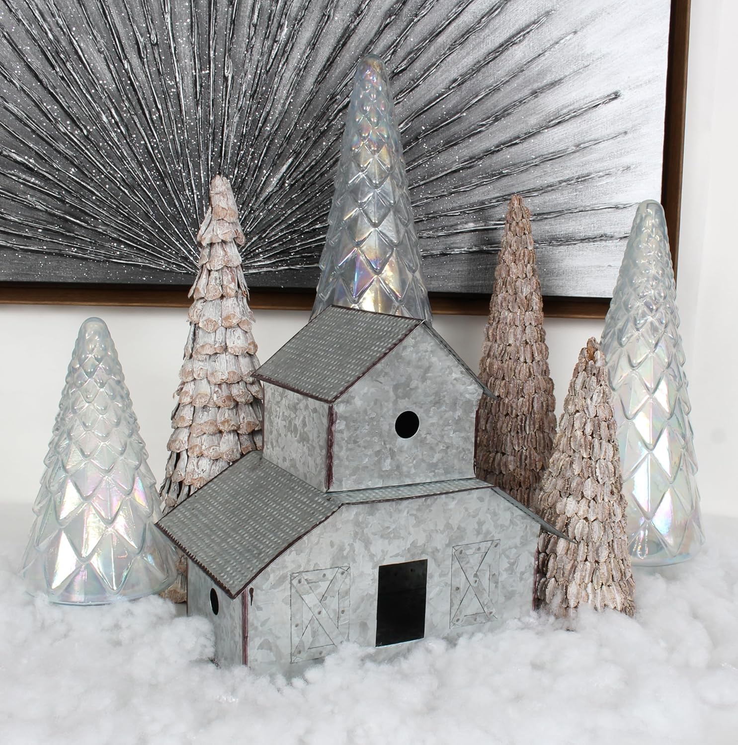 Tabletop Farmhouse Decor, Tin Houses, Christmas Display Barn 13 Inch Height X 14 Inch Width X 8.5 Inch Length Metal Galvanized Antique Gray
