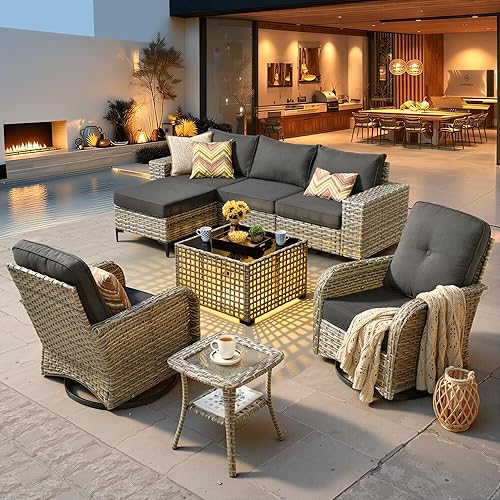 ovios 8-Piece Patio Furniture Set with L-Shape Sofa Chaise, Outdoor Sectional Couch Swivel Gliders Solar Table, Modern Modular Wicker Rattan Conversation Set, Black