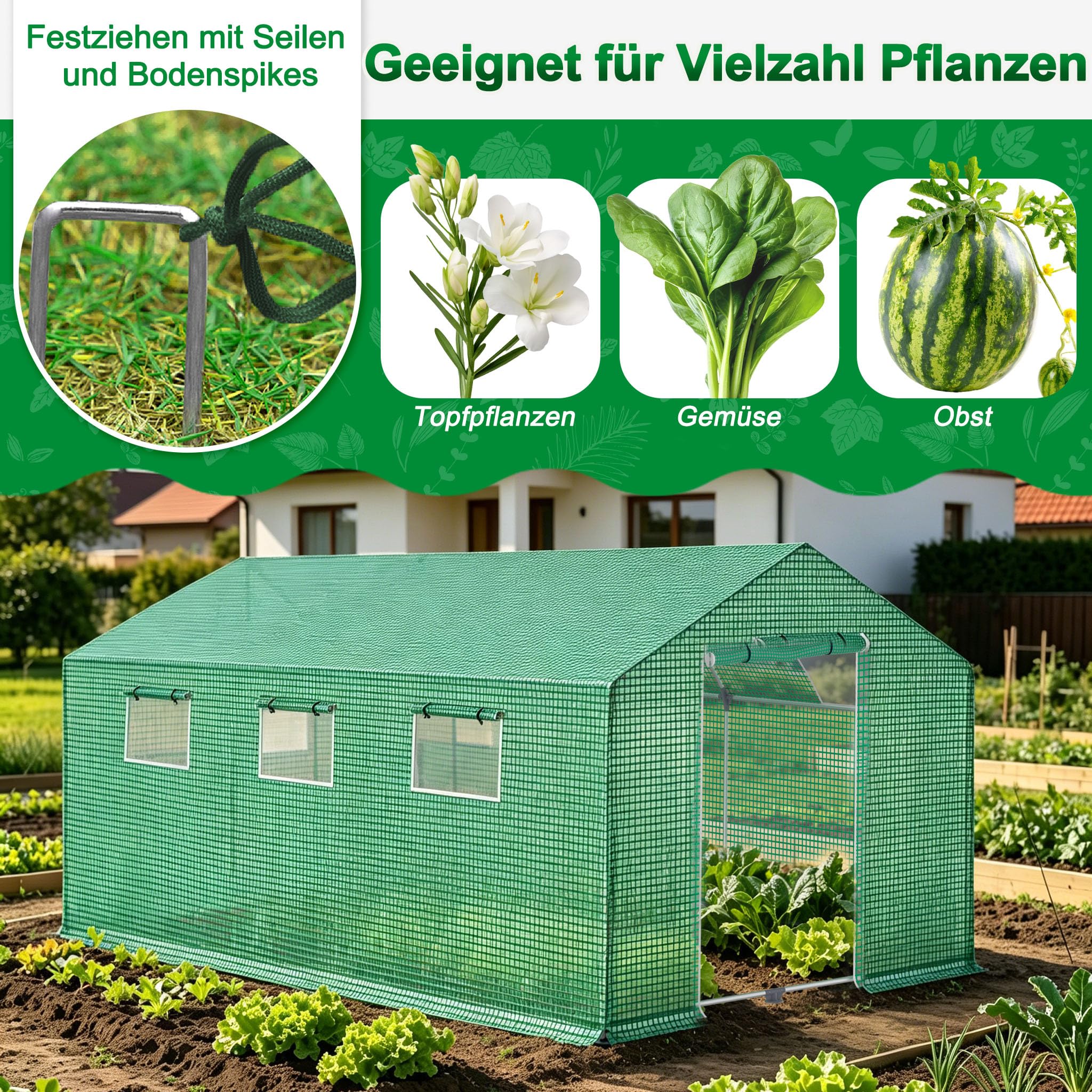 YRHome Groß Gewächshaus Winterfest mit Feuerverzinktem Stahlrahmen Foliengewächshaus Grün Begehbares Gartenhäuschen Isoliert Überwinterungszelt für Pflanzen Gartengewächshäuser Balkon - 3x2x2m
