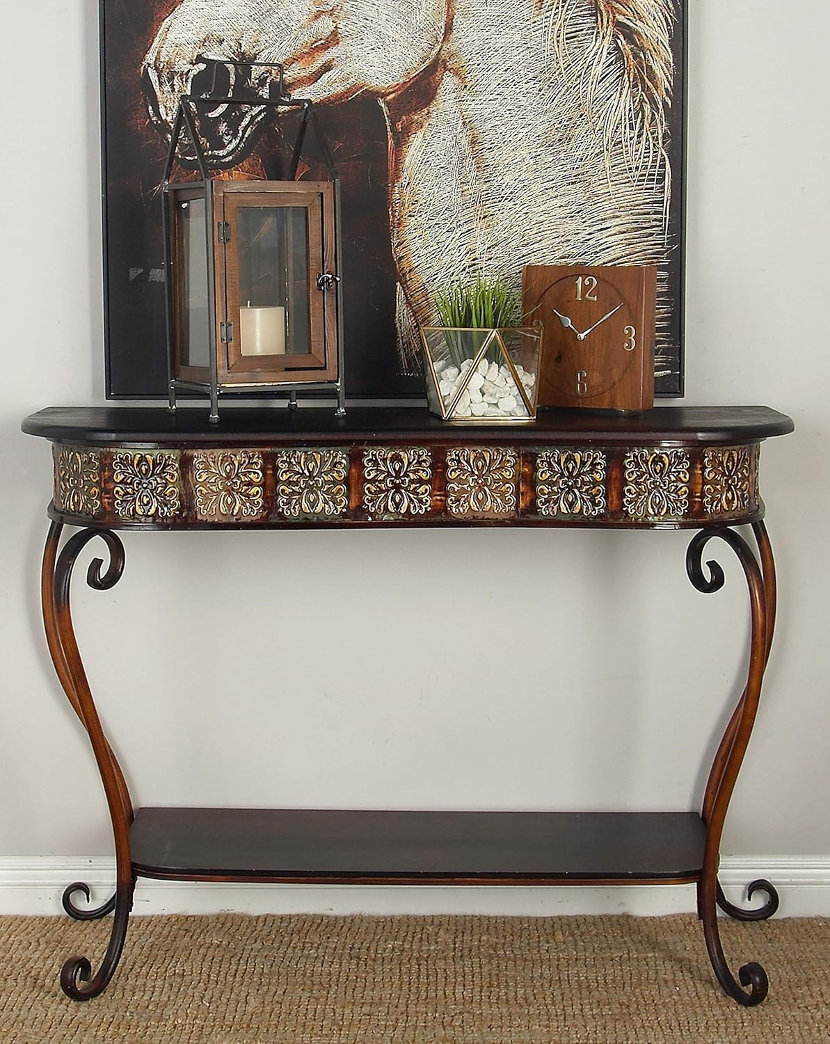 Deco 79 Metal Floral Embossed 1 Shelf Console Table with Ornate Scroll Legs, 43" x 14" x 32", Brown