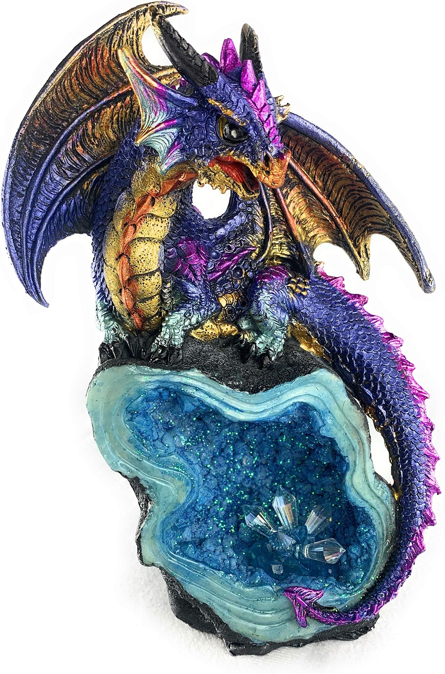 Ain't it Nice Dragon Statue Rock Faux Geode Cavern Sparkling Medieval Collectible Fantasy Dragon Figurine Décor, Blue 4.5(L) X 3.5(W) X 8(H) inches