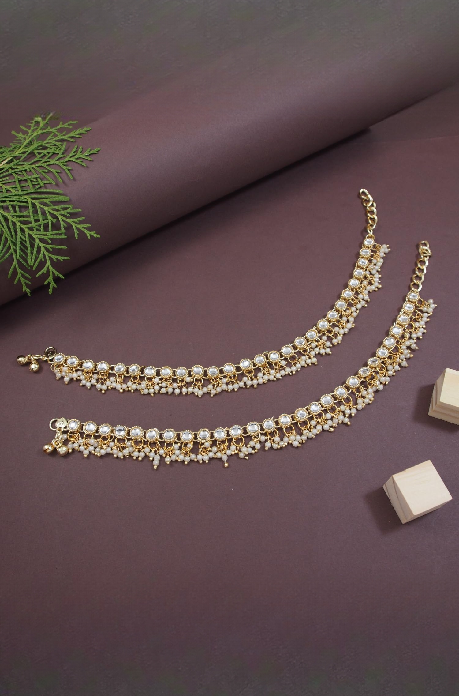 Traditional Gold Plated Encased With Faux Kundan & Pearls Adjustable Pair Of Bridal White Anklets Payal For Women (A044W)