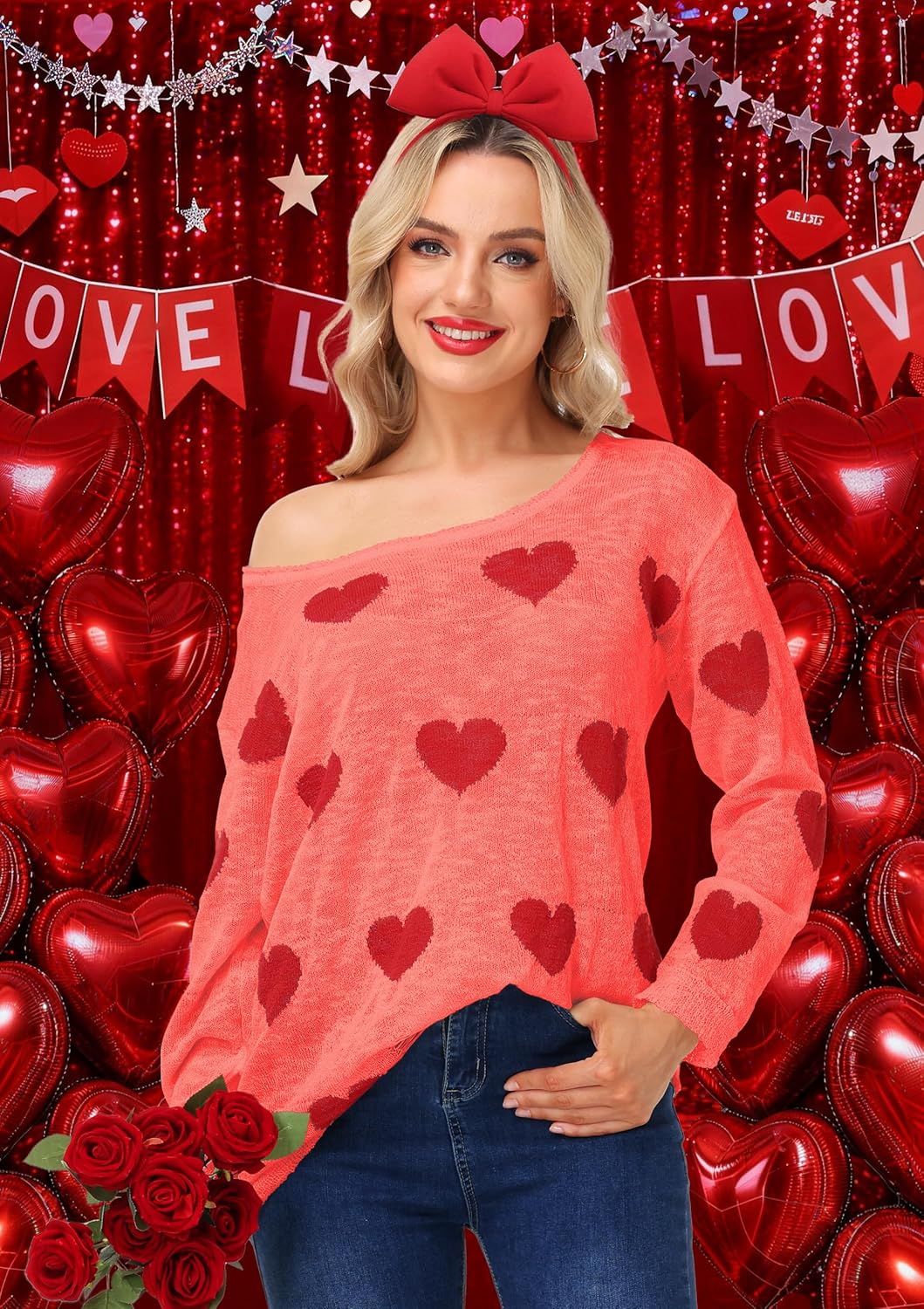 Womens Valentine Off Shoulder Shirt Long Sleeve Knitted Shirts Loose Heart Ripped Tops - Image 2