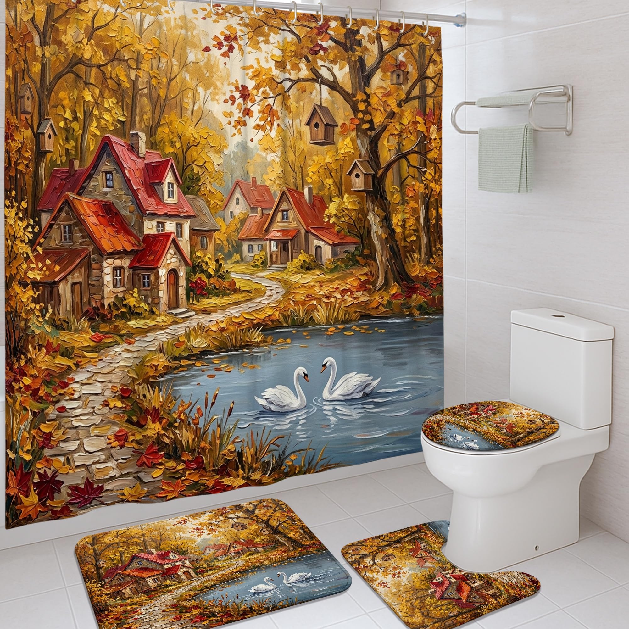 Rideau de douche imperméable orange texturé 183x183 cm avec tapis coordonnés