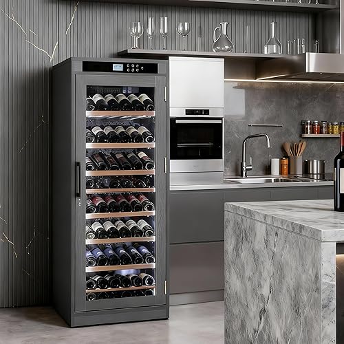 102 Bottles Wine Cooler Multi-Tiered, Intelligent Temperature-Controlled 10.6 ft³ Wine Cabinet, Dual Layer Tempered Glass Door, Black Wood Exterior for Home, Kitchen or Bar