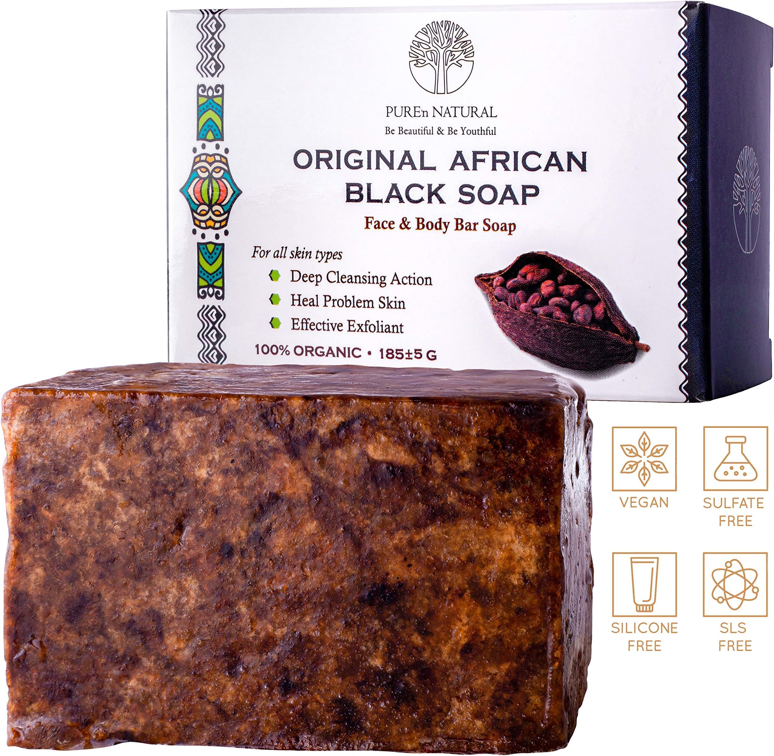 Original Detoxifying African Black Soap – For All Skin Types, Face & Body Wash – Nature's cure for problematic skin - Ideal for Dry Skin, Acne, Eczema, Psoriasis, Rashes, Rosacea