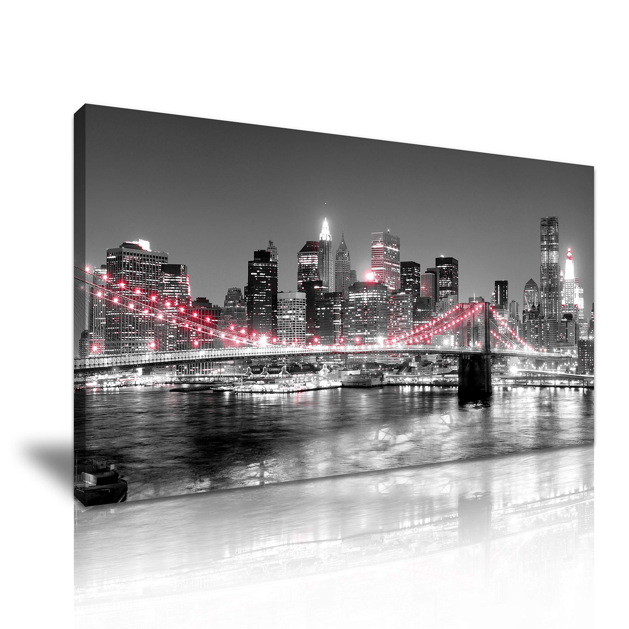 Red New York City Manhattan At Night Skyline Canvas Wall Art Picture Print Best Gift For Modern Family Home Office Hotel Decoration (XL:101.6cm x 50.8cm)
