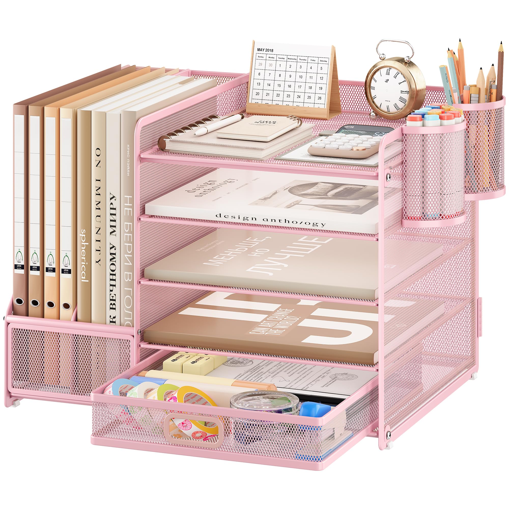 VITVITI Robuste Organisateur de Bureau avec Porte-Documents, 5 Niveaux - Porte-Lettres avec Tiroir et 2 Porte-Stylos - Compartiments de Rangement en Maille pour Fournitures de Bureau, Rose