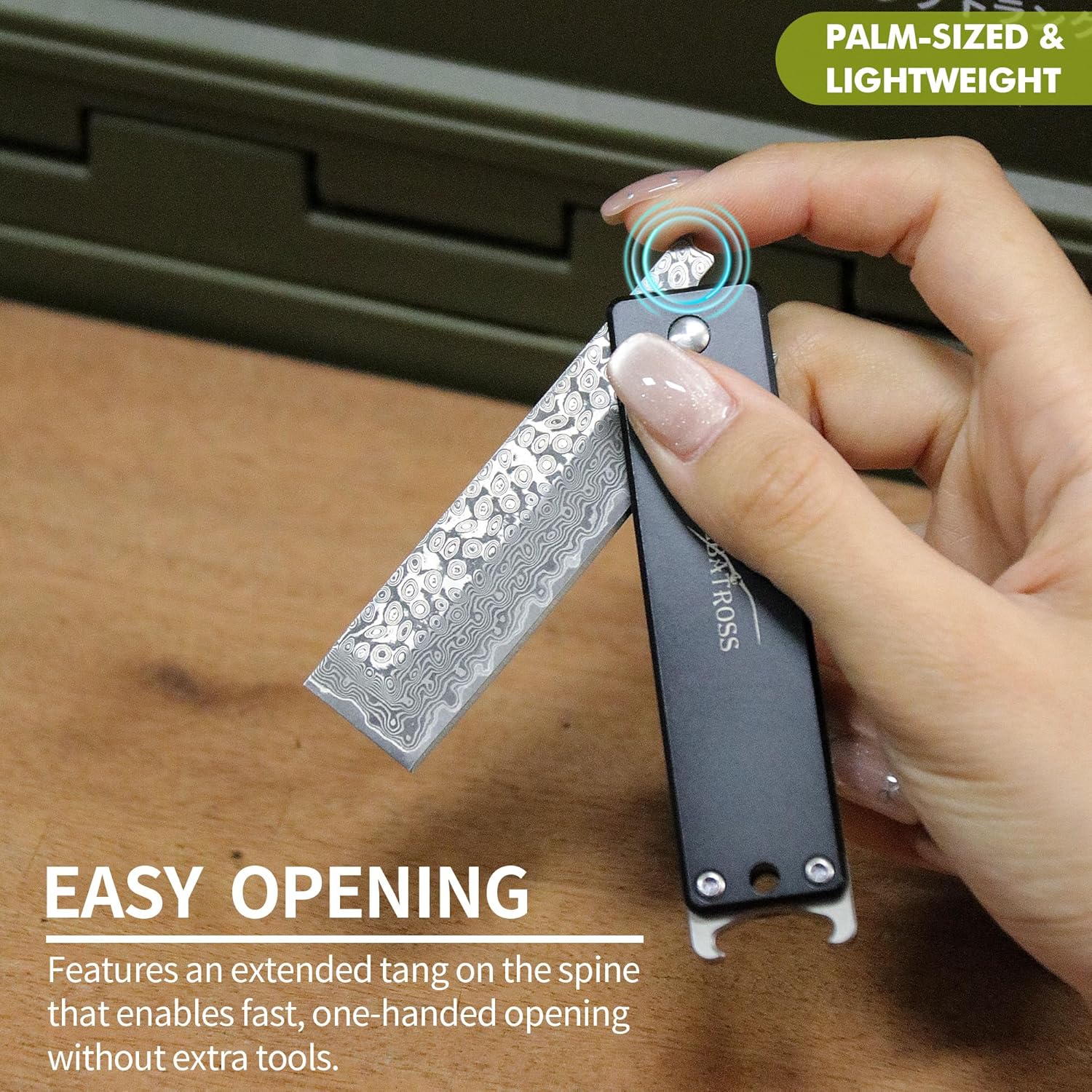ALBATROSS Damascus Steel Pocket Knife - Stocking Stuffer for Men Women, 3.5" Black Titanium Alloy, Box Cutter - EDC Keychain Gadgets with Bottle Opener, Mother's Day Father's Day Birthday Gifts