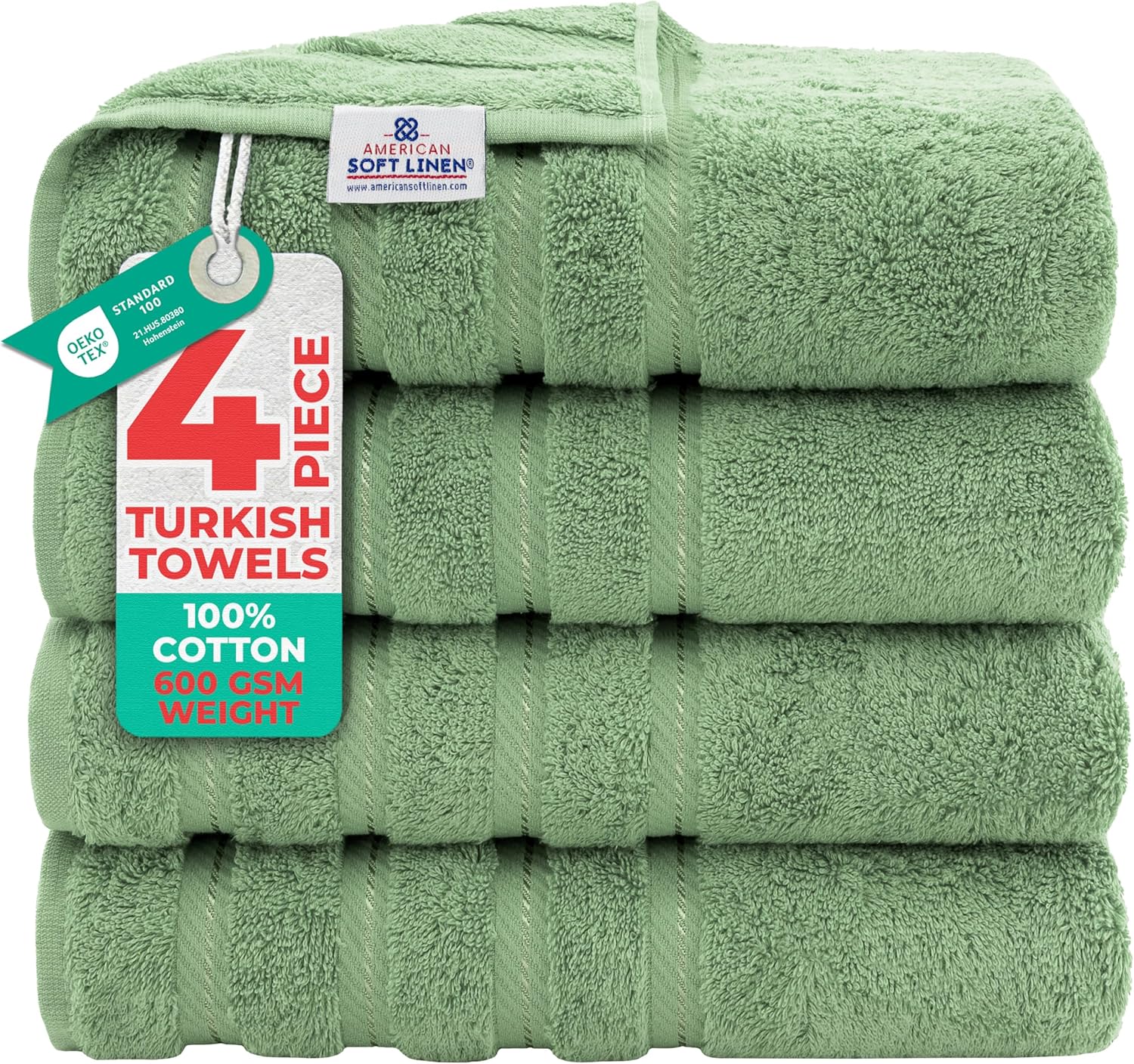 American Soft Linen Luxury 4 Piece Bath Towel Set, 600 GSM 100% Cotton Turkish Bath Towels for Bathroom, 27x54 in Large Bathroom Shower Towels, Sage Green