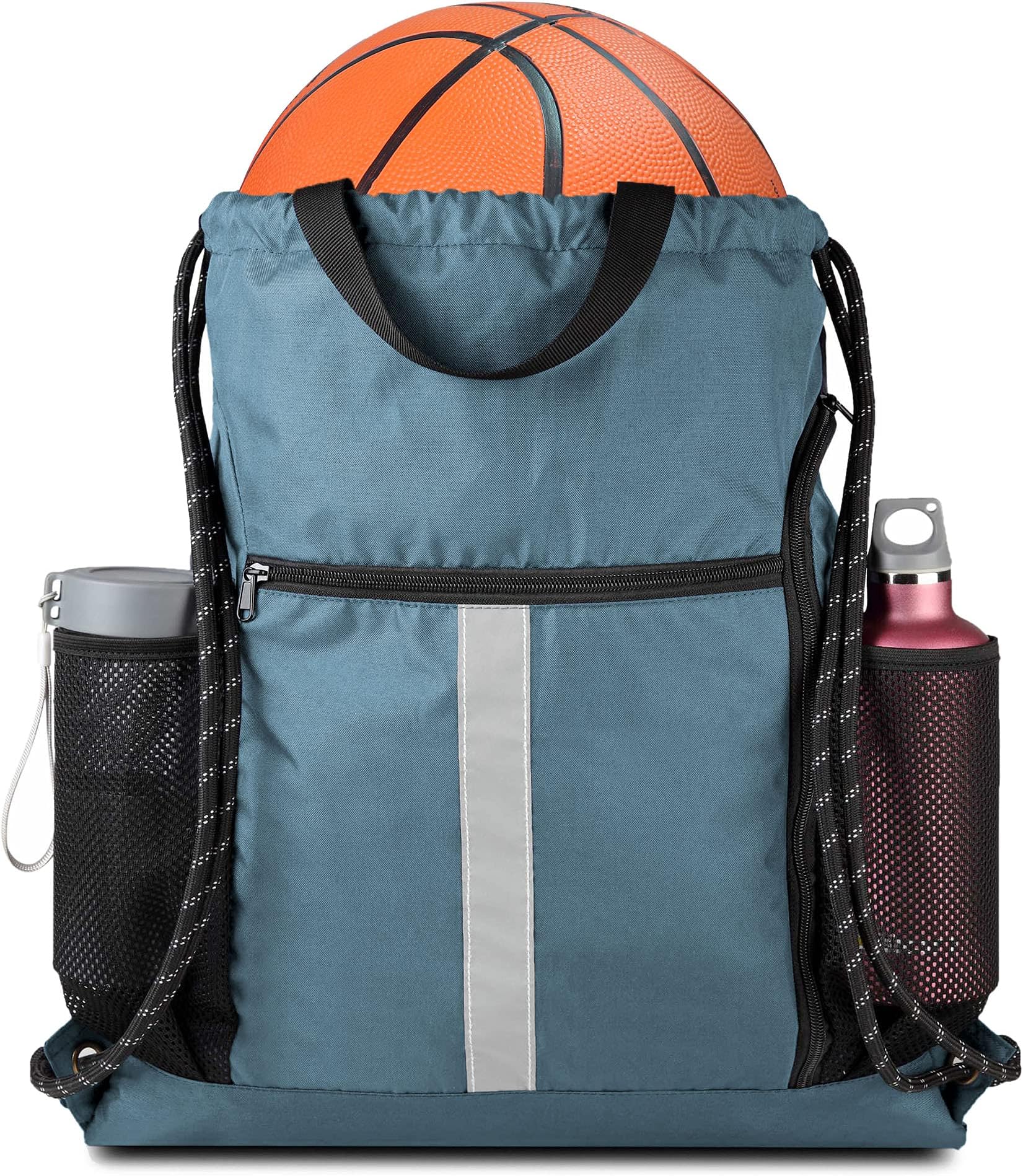 Blue Sport Cinch Bag String Backpack with Shoe Compartment and Two Side Mesh Pockets Machine Washable Sturdy Gymsack Drawstring Sackpack