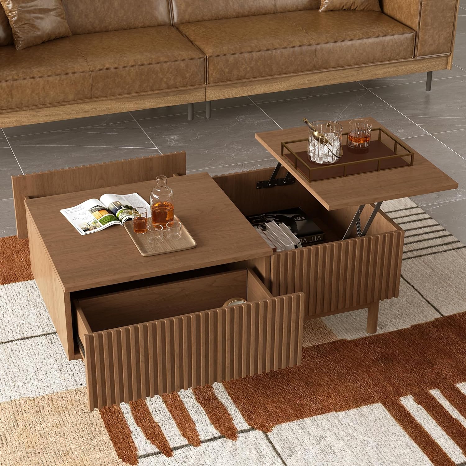 51.1" Mid-Century Modern Lift Top Coffee Table, Walnut Rectangular Center Table with Hidden Storage, Drawers & Sturdy Wooden Legs, for Living Room, Apartment, Office