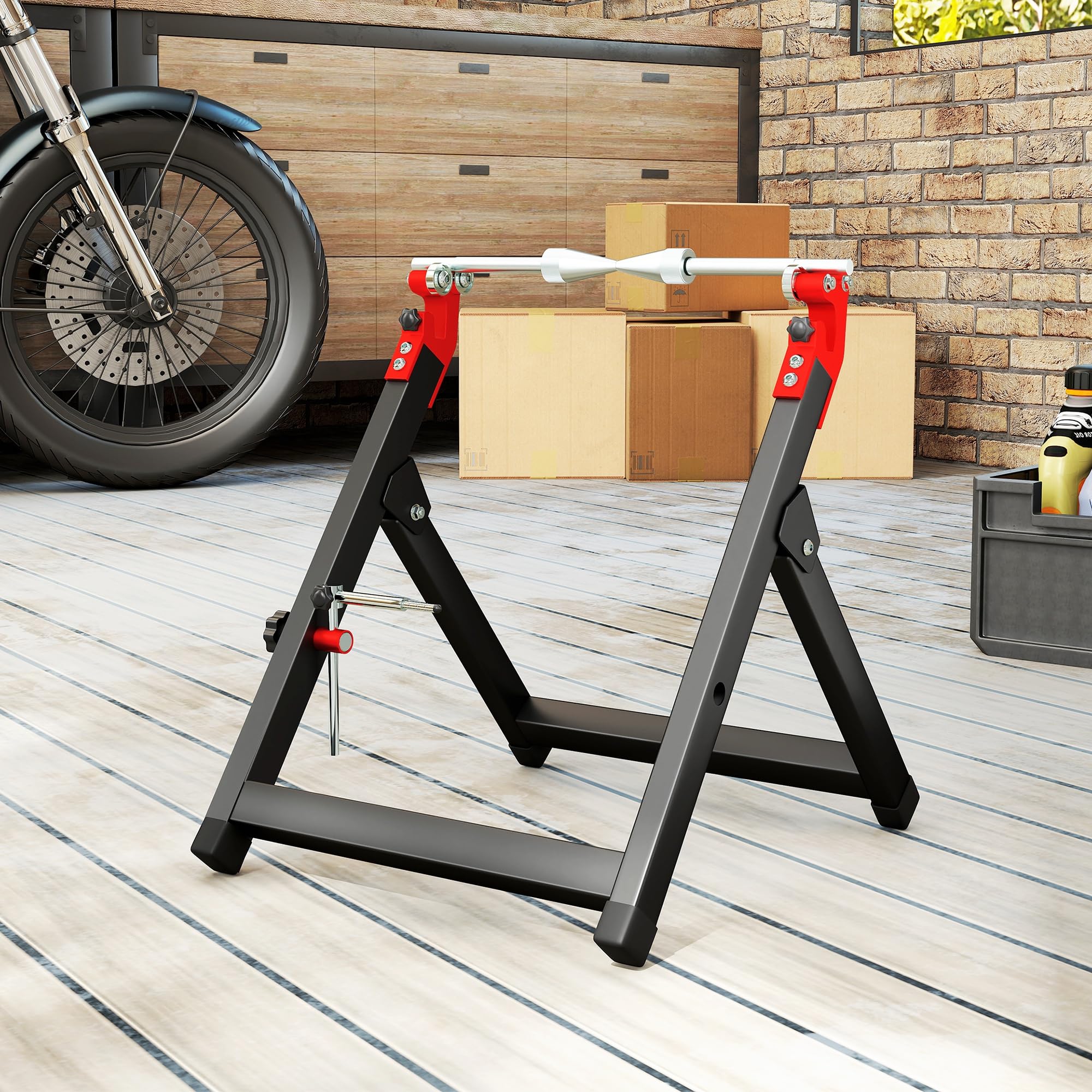 HOMCOM Bilanciatore manuale di ruote moto alluminio e acciaio bilanciamento danni ruote pieghevole con chiave a raggi, compatibile fino a 21 pollici, nero