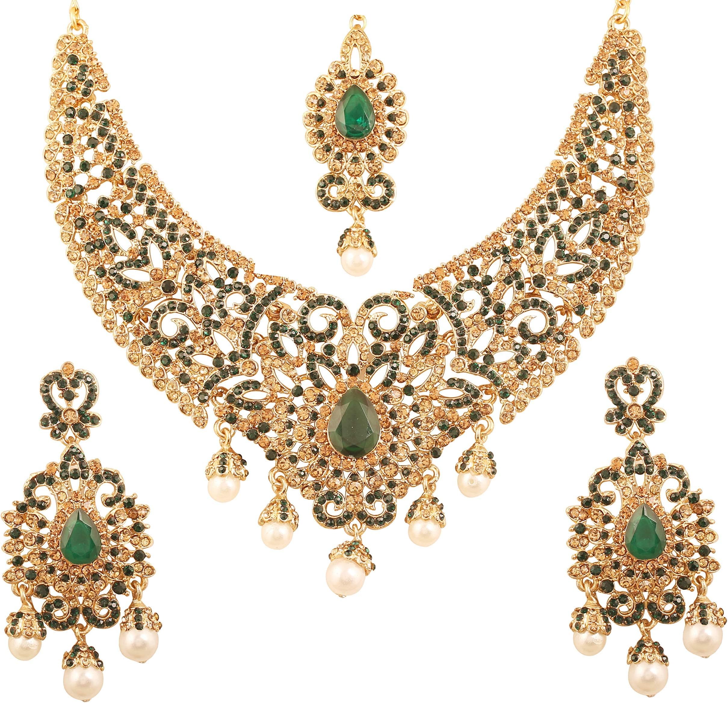 Indian jewelry sets for women tikka wedding necklace costume guest statement bollywood rhinestones crystal faux pearls gold big royal neck piece set bridal fashion accessories