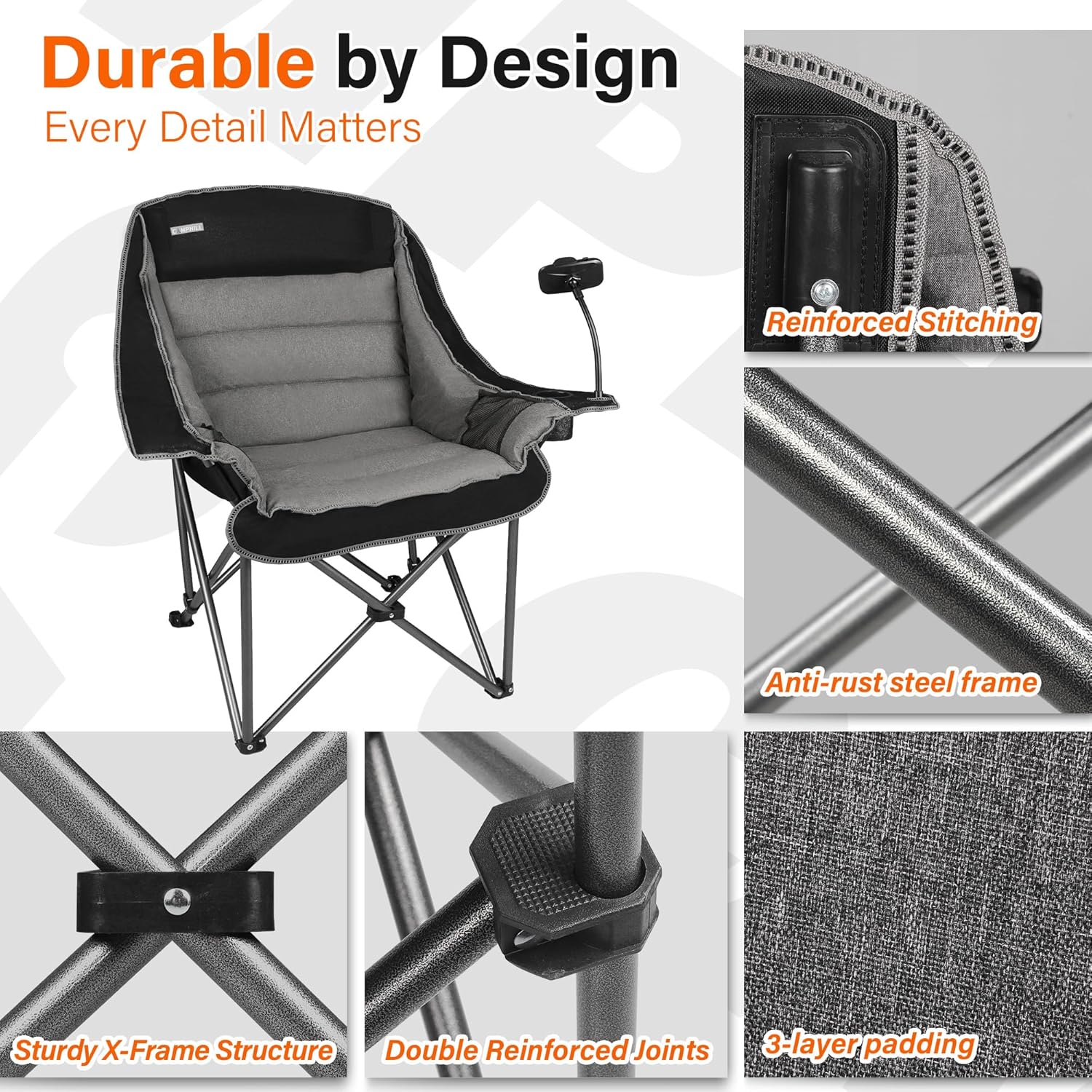 Camping Chairs for Adults-Oversized Extra Large Lawn Chair,Folding Comfy Padded Chair w/Phone Holder,Side Pocket,Cup Holder for Outdoor,Wide&Thick,Heavy Duty 400Lbs,Black