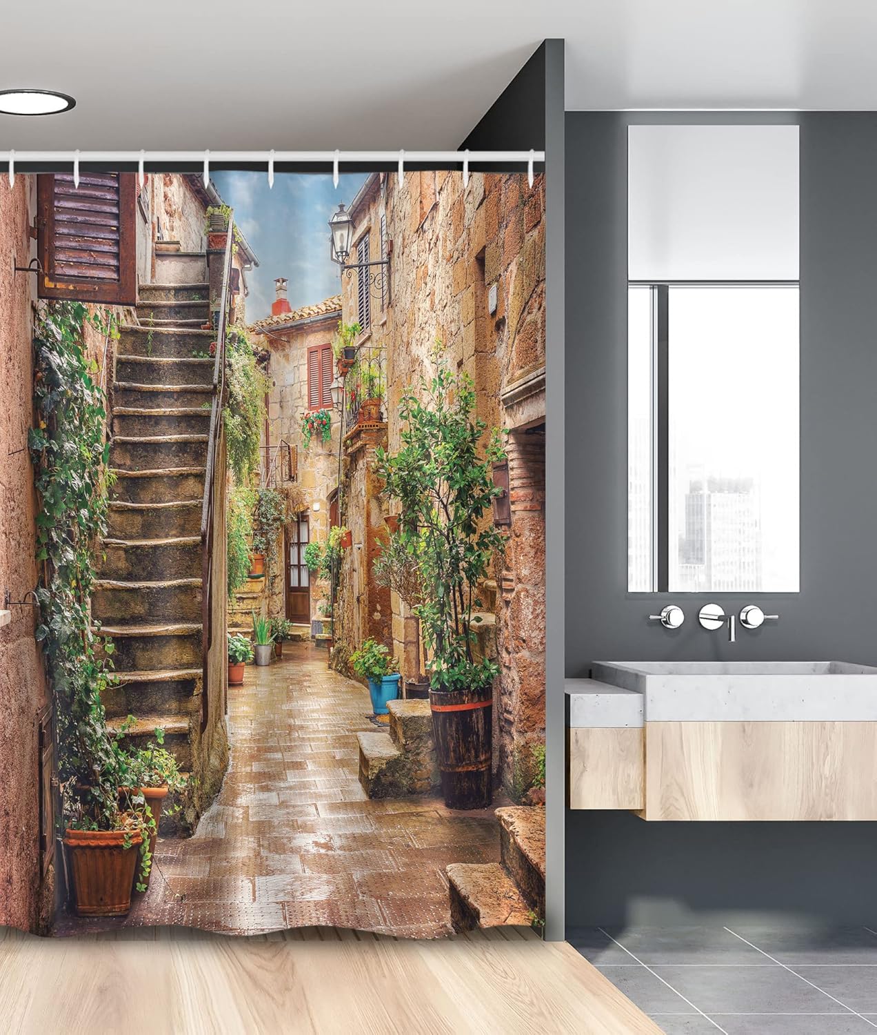 Ambesonne Italian Stall Shower Curtain, View of Old Mediterranean Street Stone Rock Houses in Italy City Rural Print, Fabric Bathroom Decor Set with Hooks, 54" W x 78" L, Camel Hunter Green