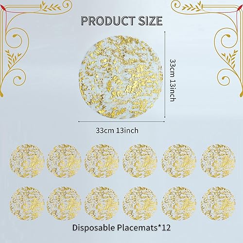 Miniatura 5 de Snowkingdom Juego de 12 manteles individuales desechables dorados metálicos redondos de 13 pulgadas, de malla de lámina dorada prensada, paquete de