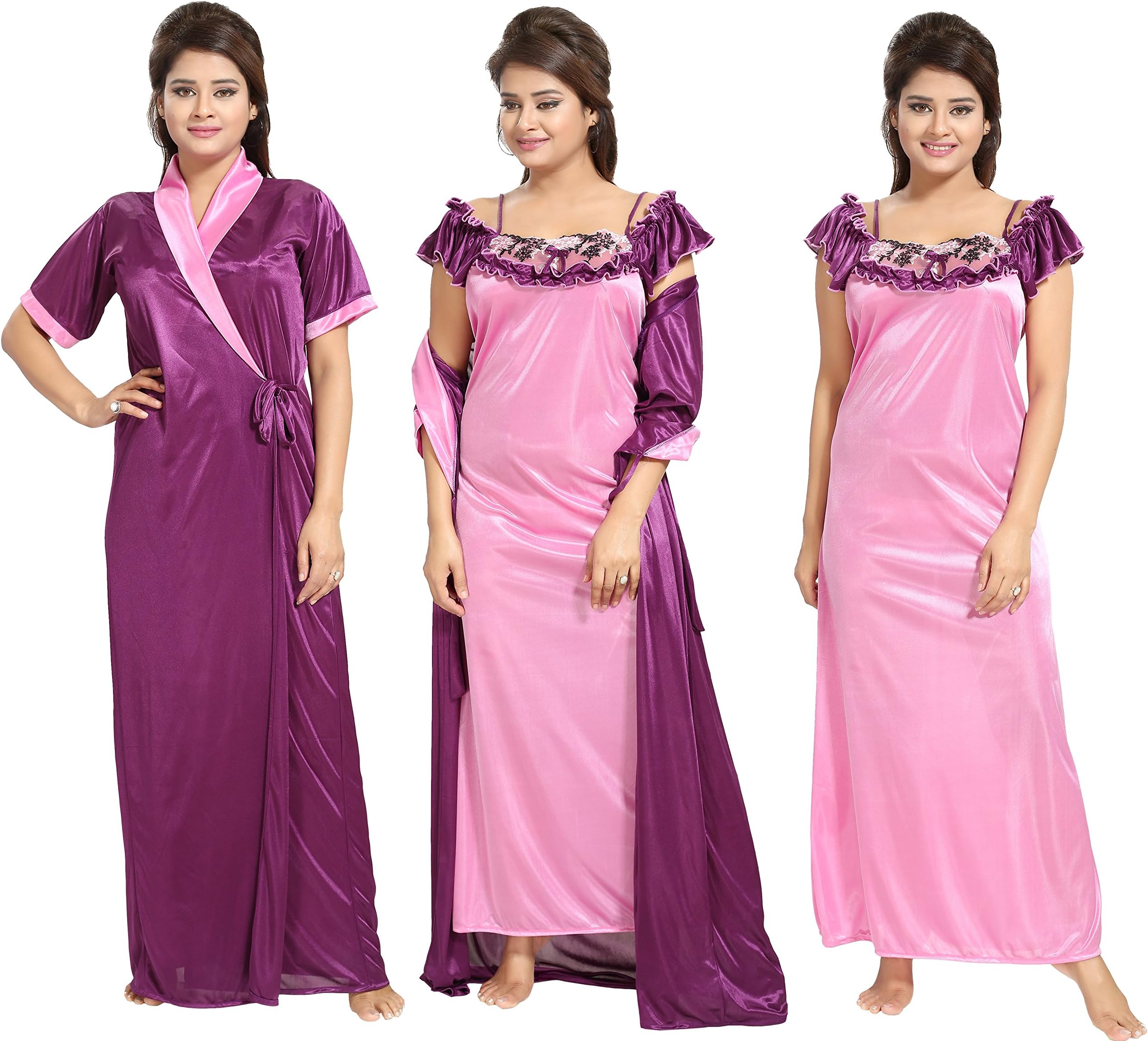 Notyโข - Women's/Girls Satin Contrast Nightwear - 2 Pc Set- Nighty/Robe