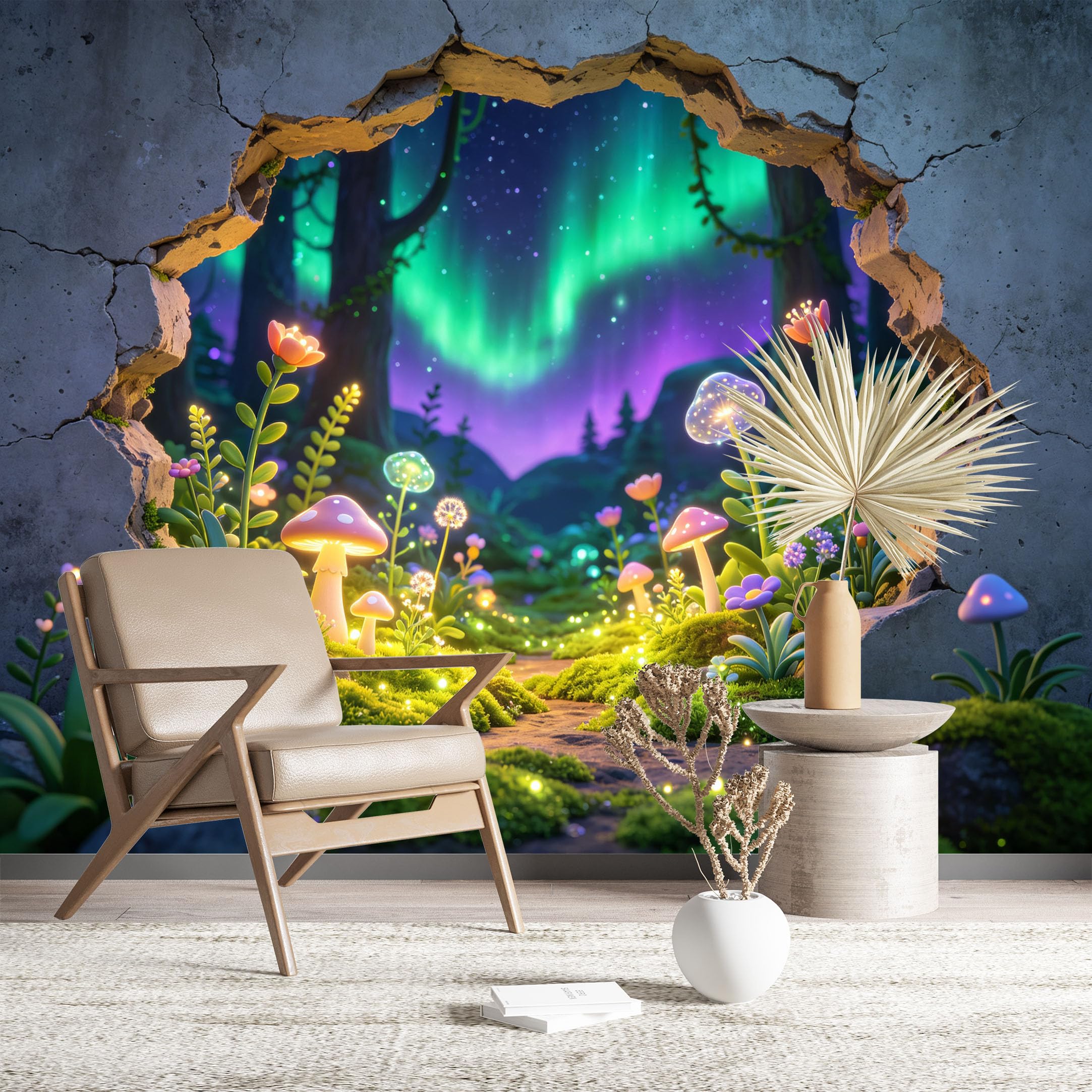 Custom Size Wall Murals Magical Aurora Forest Through Cracked Wall 3D Self-Adhesive Wall Fabric (NO PVC) Removable Wallpaper for Kids Room Bedroom