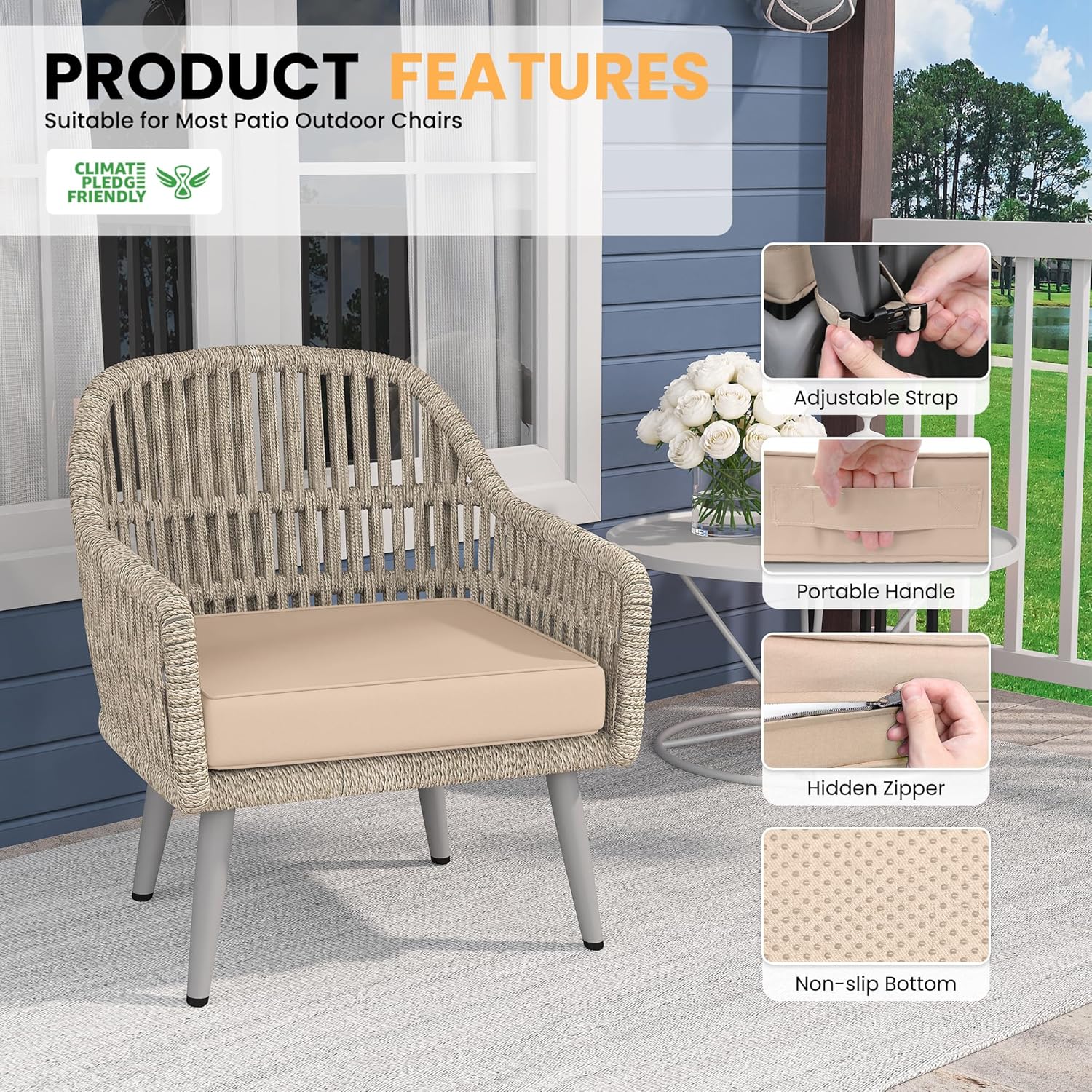 Amopatio 22 x 22 x 4 Inch Outdoor Chair Cushions Set of 2, Waterproof & Fade Resistant Patio Seat Cushions, Outdoor Couch Cushions with Adjustable Straps & Handle for Garden Sofa, Beige