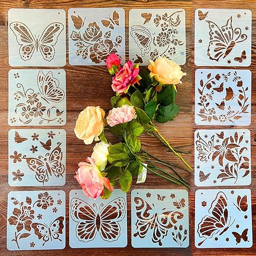 Plantillas de mariposa para pintar, 12 plantillas de pintura reutilizables de plástico de 6 pulgadas para manualidades en paredes de cavnas de roca