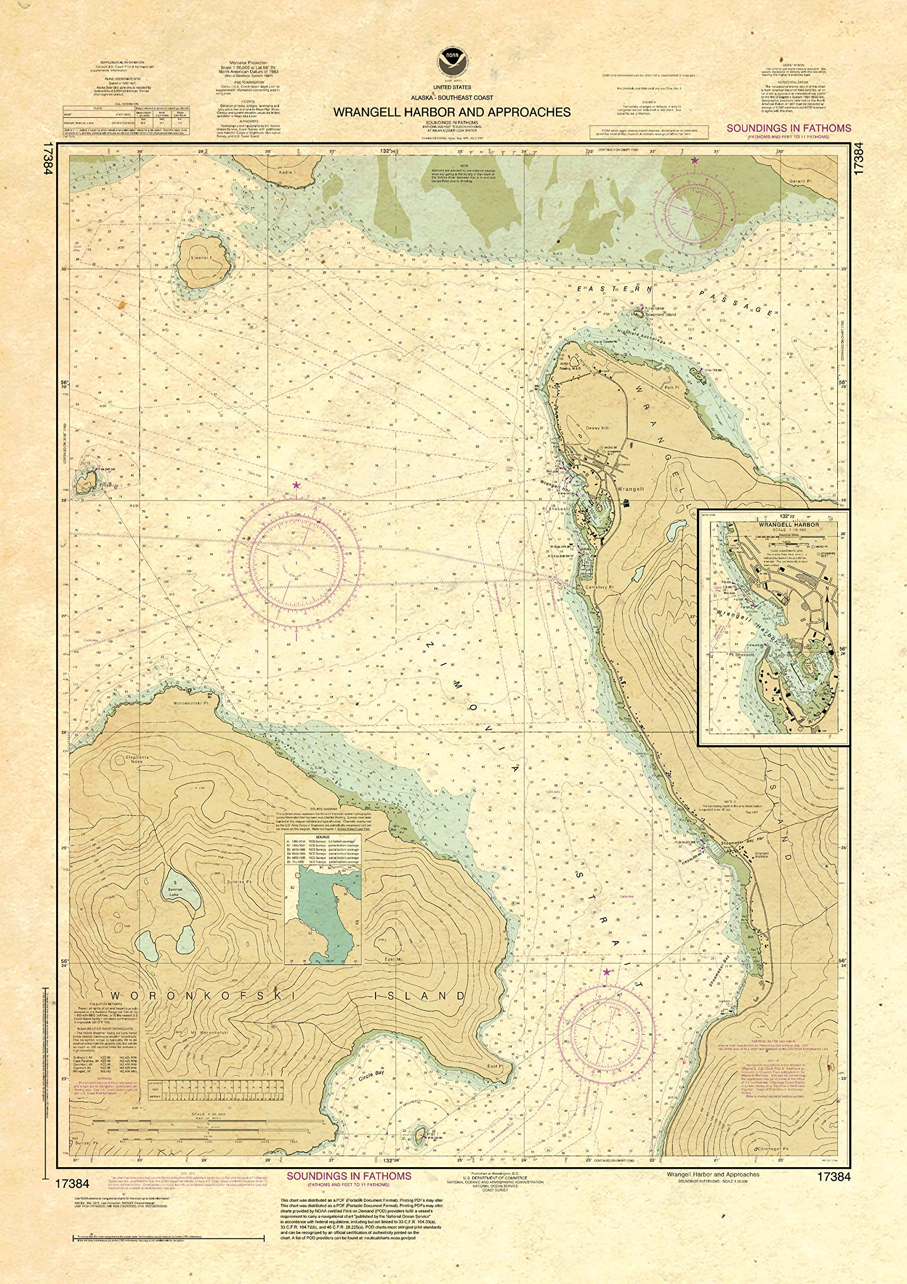 Paradise Cay Publications, Inc. Antiqued NOAA Chart 17384: Wrangell Harbor and approaches; Wrangell Harbor