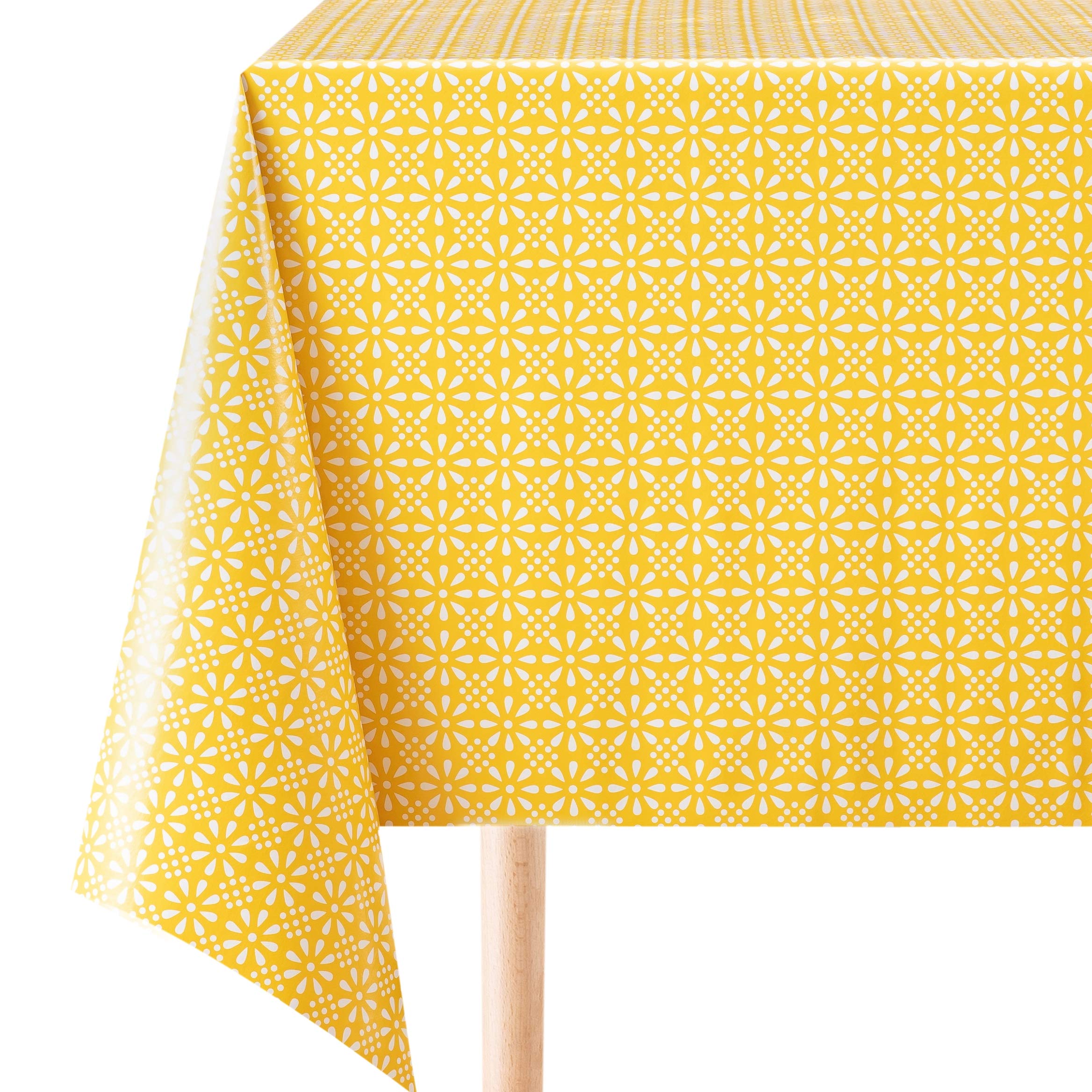 KP HOME Square Shape Yellow PVC Wipe Clean Oilcloth Tablecloth With White Floral Print - 140x140cm - Bright Classic Print Wipeable Vinyl Plastic Table Cloth