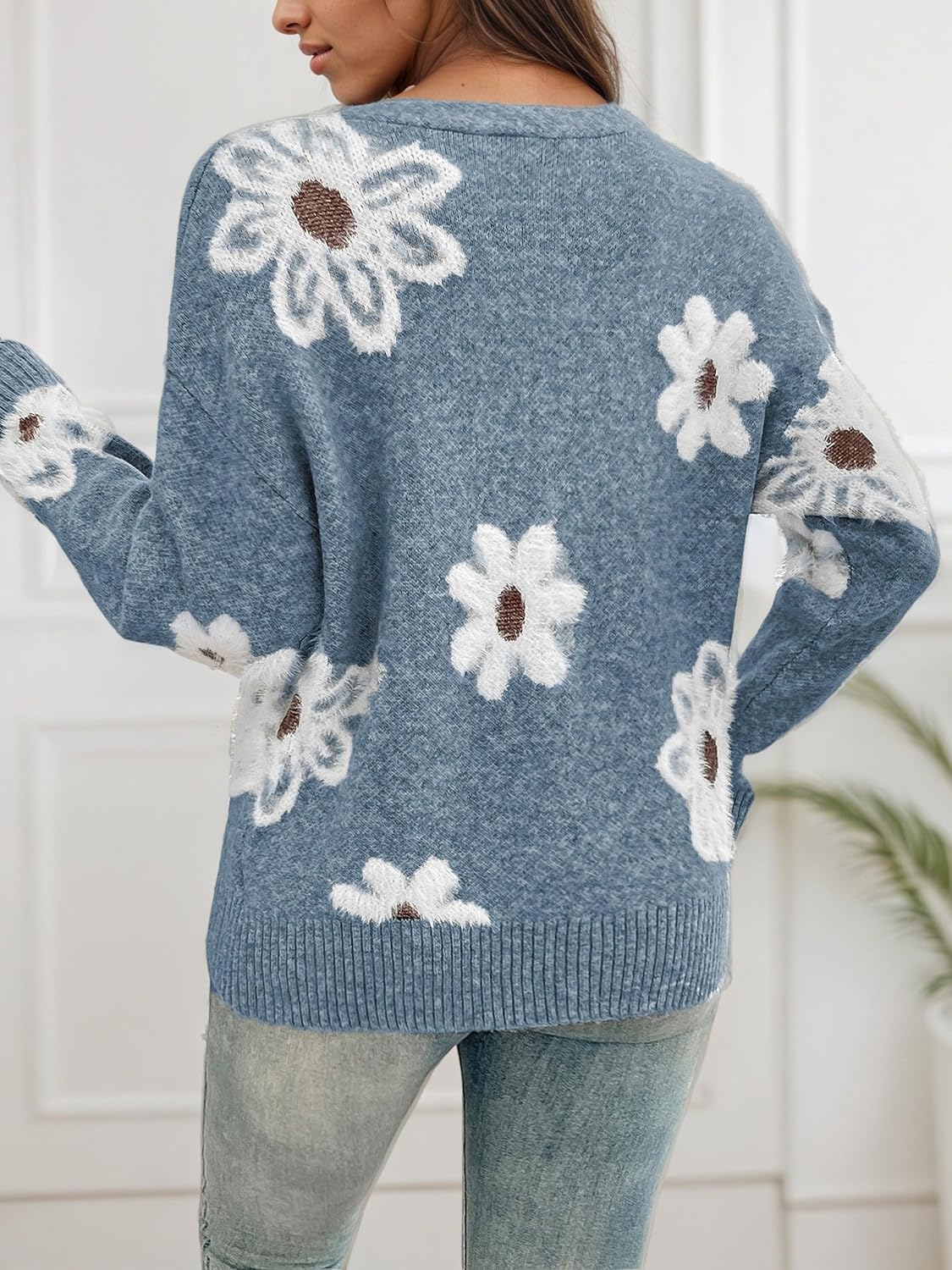 Women's Cardigans Casual Long Sleeve V-Neck Button Down Floral Sweaters Open Front Knit Outerwear - Image 4