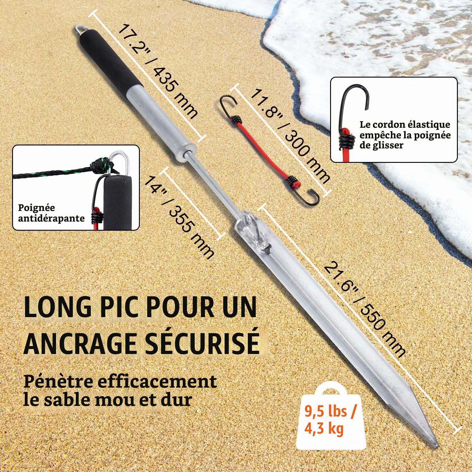 VEVOR Ancre de bateau à piquet de sable, 91,4 cm, en acier au carbone galvanisé, crochet d'ancrage pour bateau, ponton, kayak, avec sac de rangement Oxford