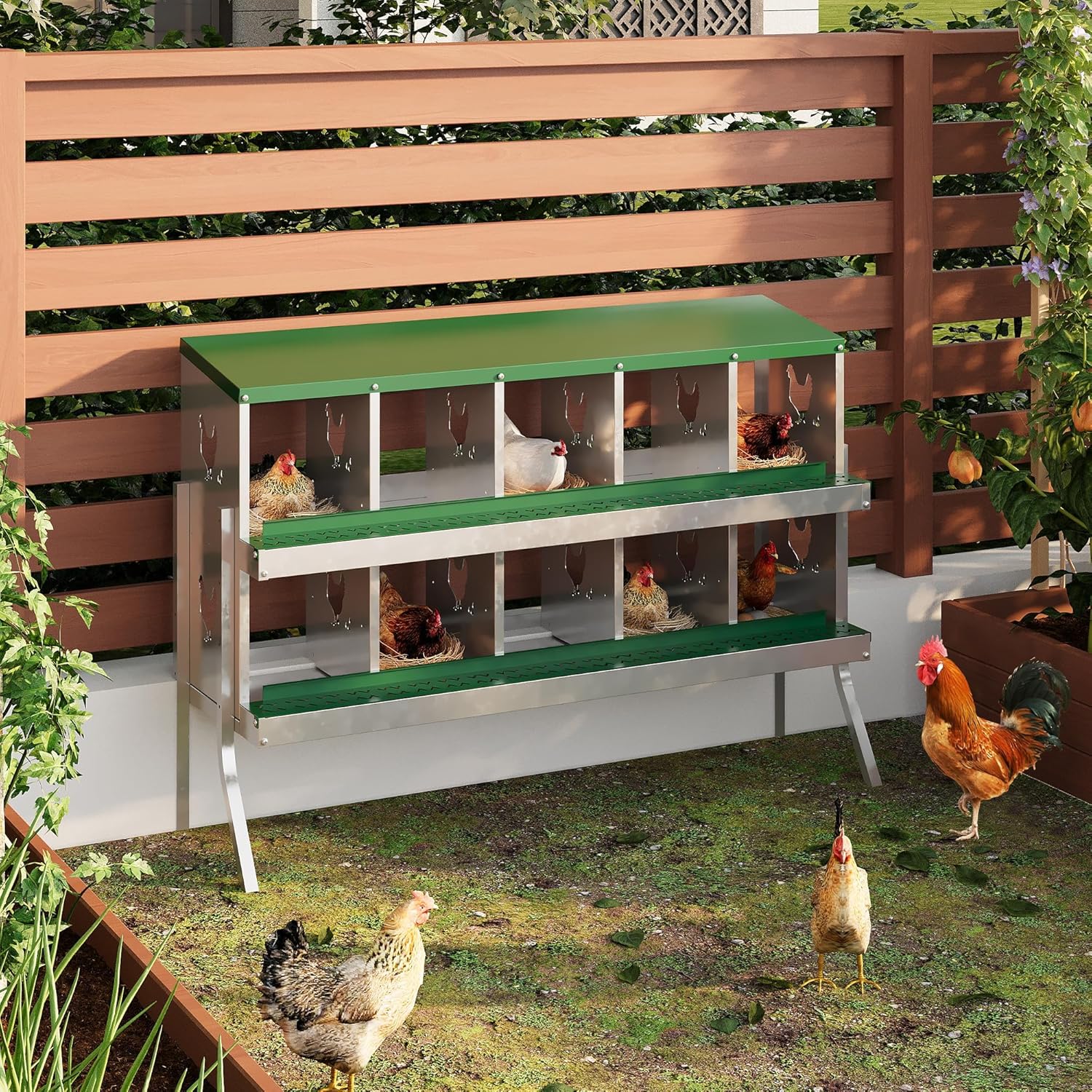 10-Compartment Metal Chicken Nesting Box - with Perch, Secure Lid & Metal Legs, Wall-Mount or Free-Standing Nesting Boxes for Hens