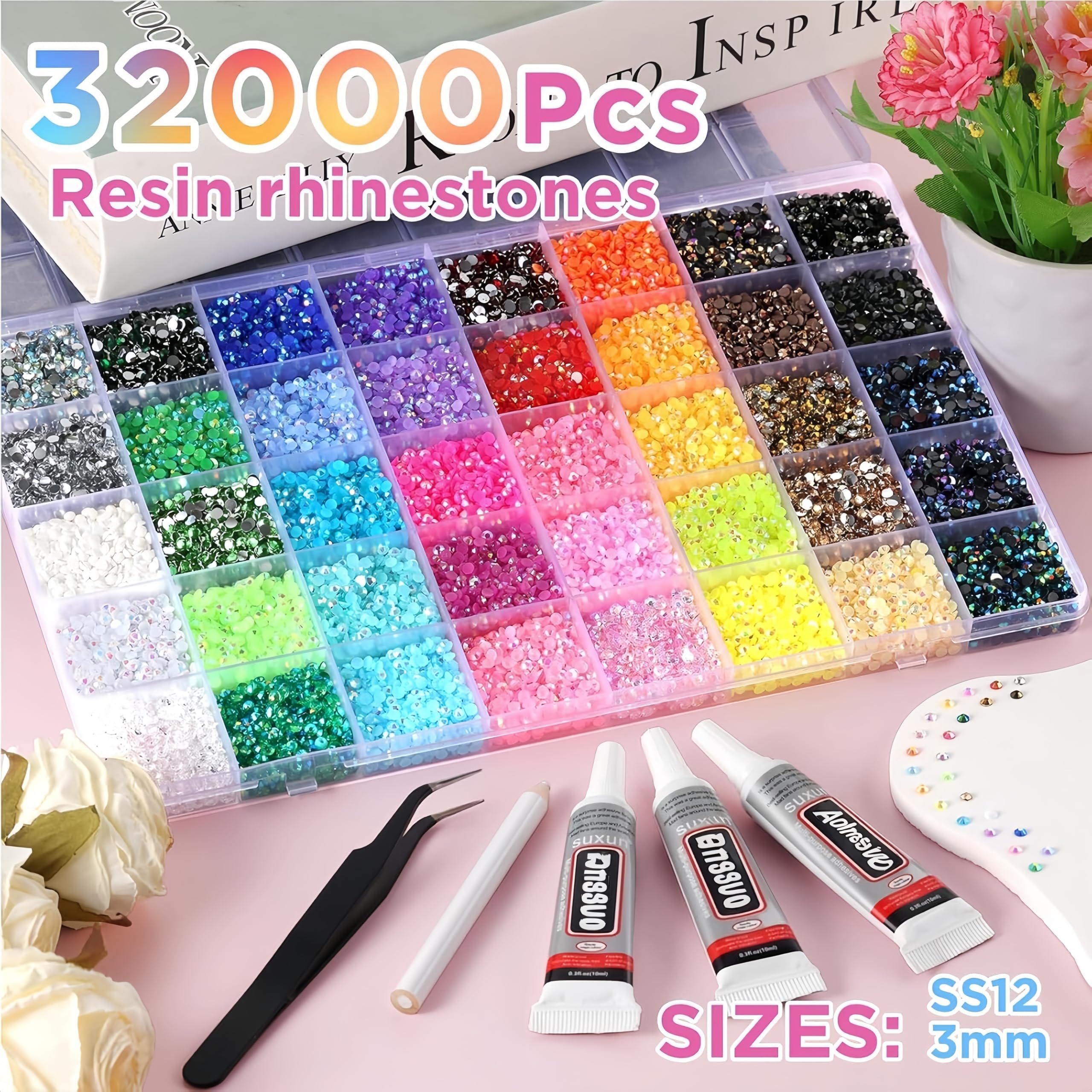 40 kolorów Zestaw Bedazzling 3mm, 32000 płaskich kryształów jelly z żywicy, zestaw DIY z pisakiem, pincetą i 3 tubki kleju do paznokci, butów, ubrań i etui telefonu (1)