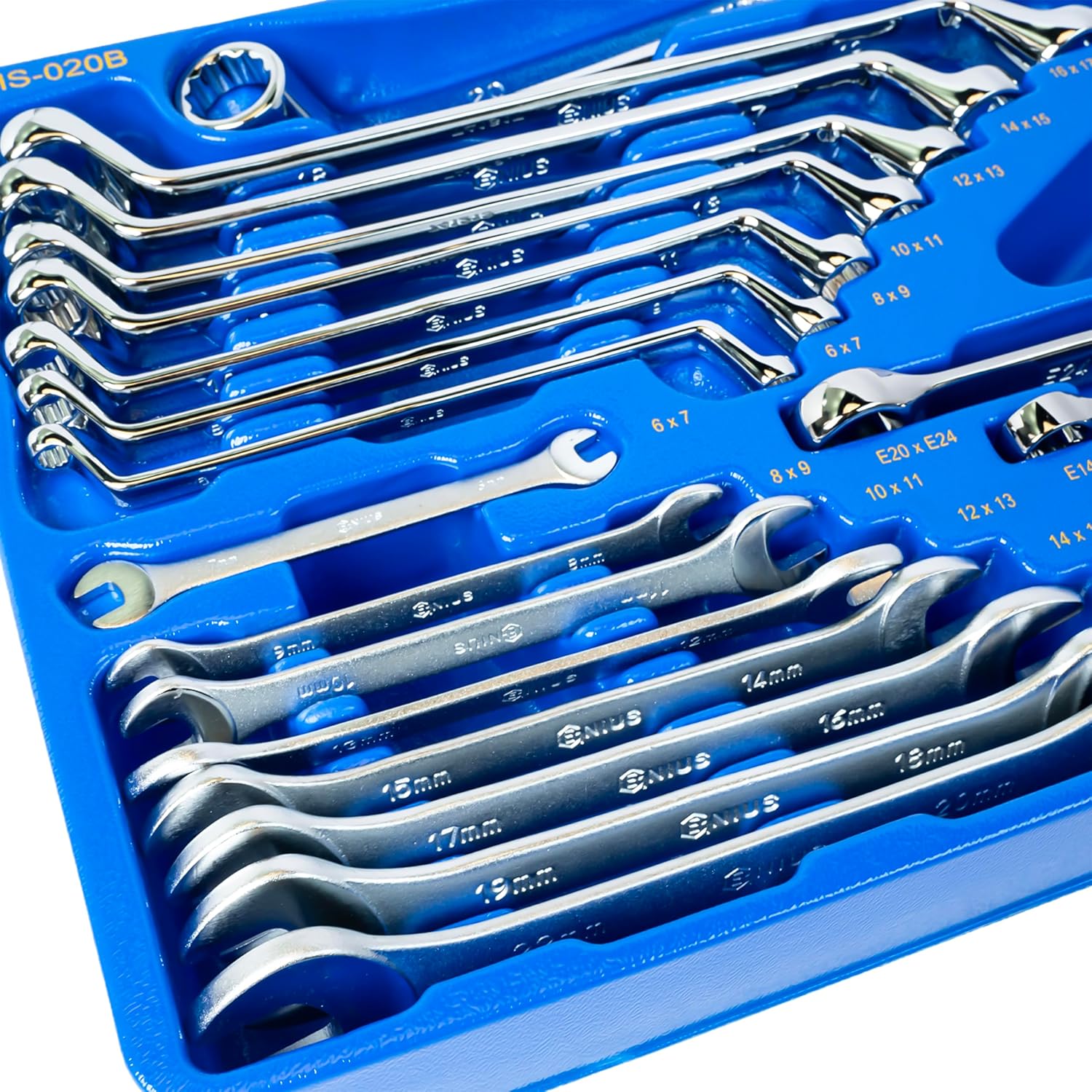 Genius Tools 20 Piece Metric Offset Box End Open End & E-Star Wrench Set MS-020B