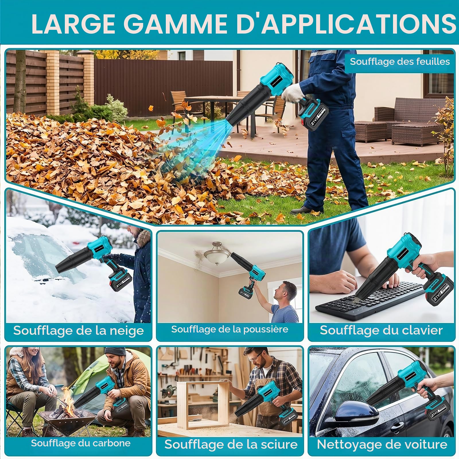 Souffleur Batterie avec 2 Batteries 4,0 Ah, 21V Souffleur de Feuilles sans Fil 65 m/s, Moteur Brushless 800,000 TR/Min, 2 Buses, Réglage Variable, pour Jardin, Terrasse, Voiture (Bleu)