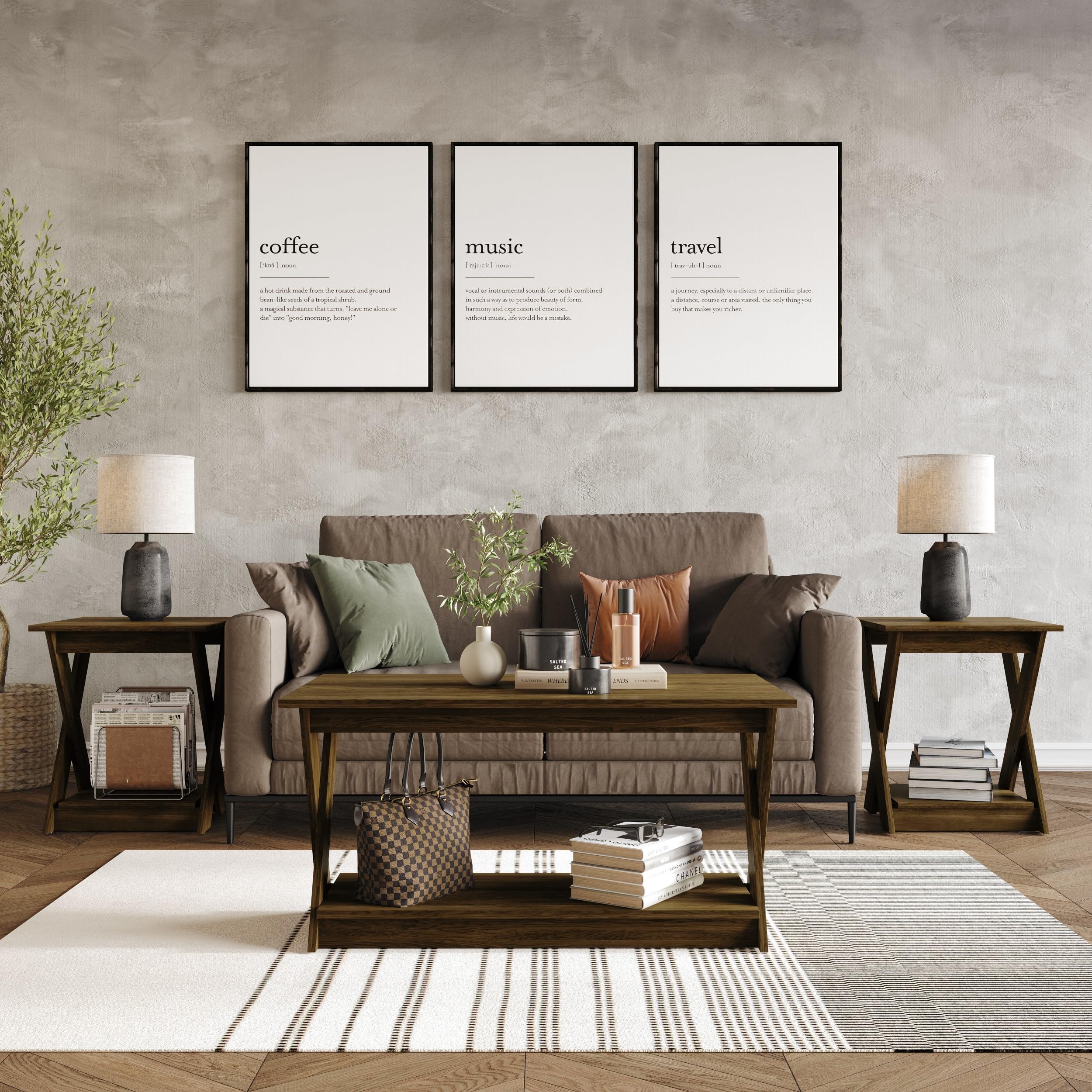 HOME DESIGN Emporia 3 Piece Coffee Table Set for Living Room, Transitional Style, Wide Plank Tops, X-Support Side Panels, Open Shelf Storage, Easy