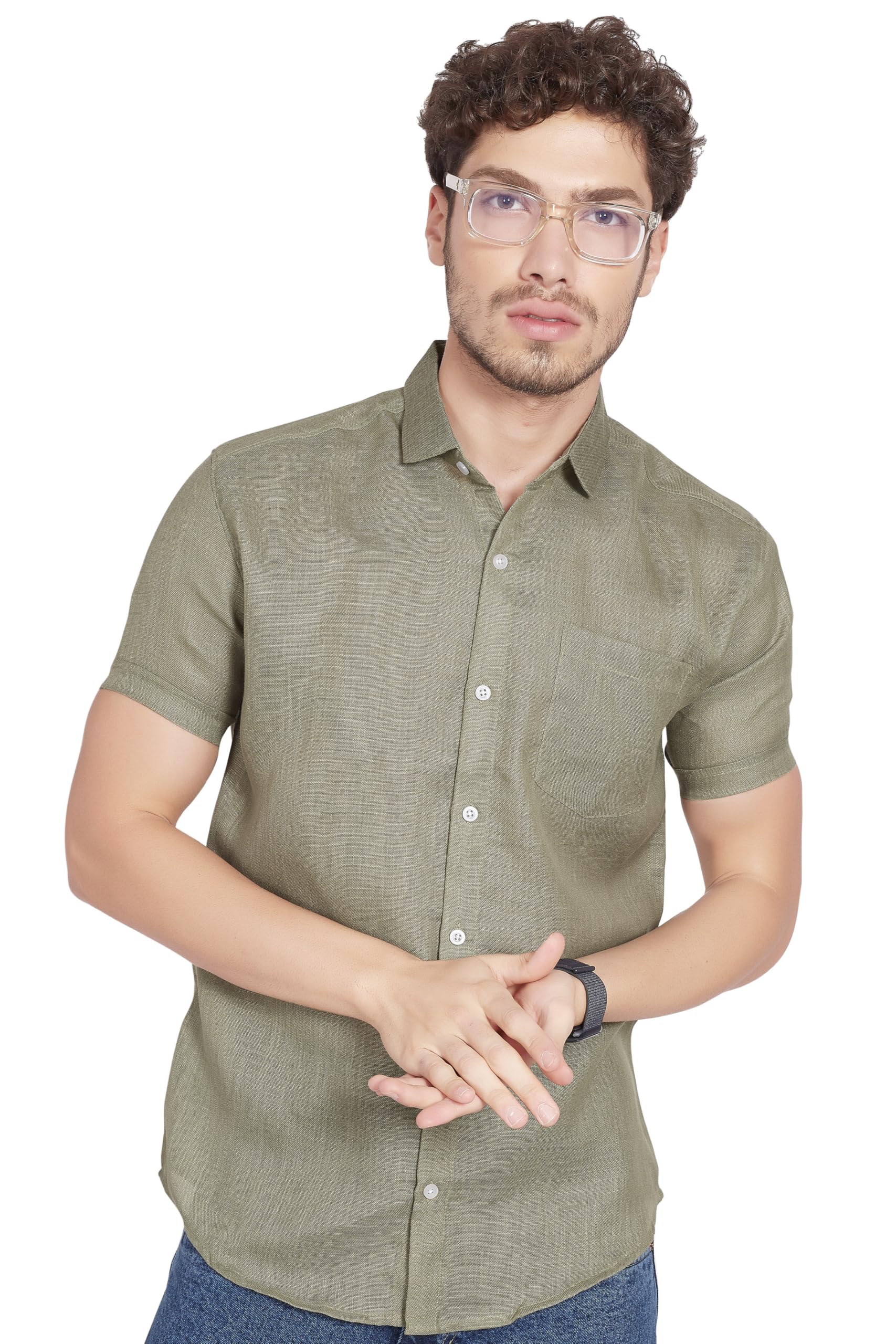 DIVISIVE - Camisa de mezcla de polilino para hombre, talla ajustada, media manga