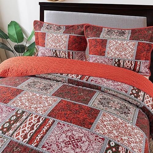 Miniatura 3 de NEWLAKE - Juego de colchas de algodón, juego de cubiertas de retazos, reversible, patrón azul clásico bohemio, tamaño king