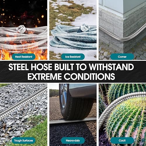 Miniatura 3 de Manguera de jardín de metal de 50 pies, manguera de agua resistente de acero inoxidable con boquilla de 10 funciones, flexible, sin torceduras, a