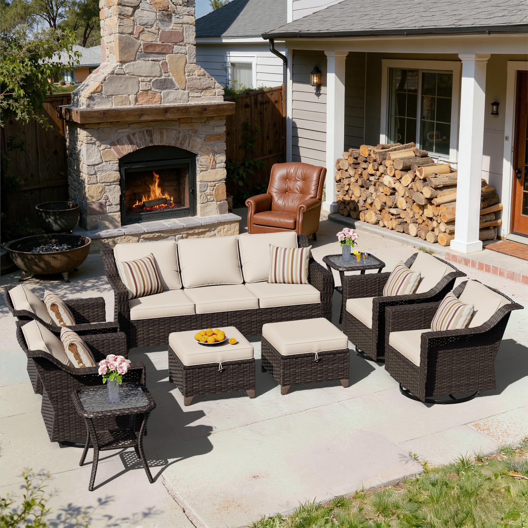 9 Piece Patio Furniture Set, Wicker Outdoor Conversation Set