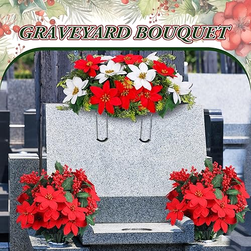 Miniatura 4 de Craftsatin Decoraciones de cementerio de Navidad para tumbas, sillas de montar artificiales de cementerio de Navidad, flor de pascua roja, lápida