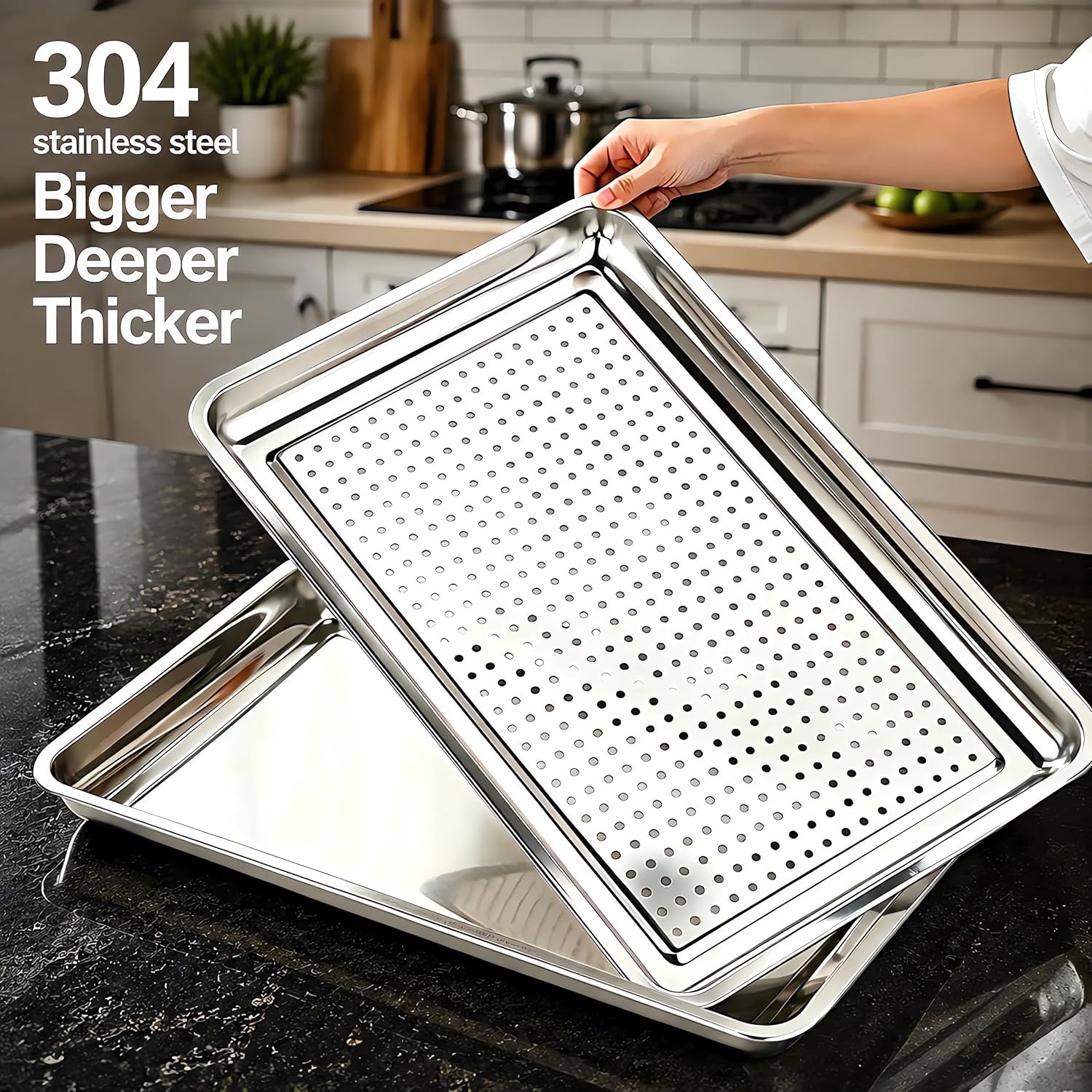 2 Pack 19.5"x13.5" Deep Roasting Pan & Perforated Crisping Tray Set | Heavy Duty, Uncoated Non-Toxic, Commercial Grade 304 Stainless Steel, For Baking Draining & Thawing