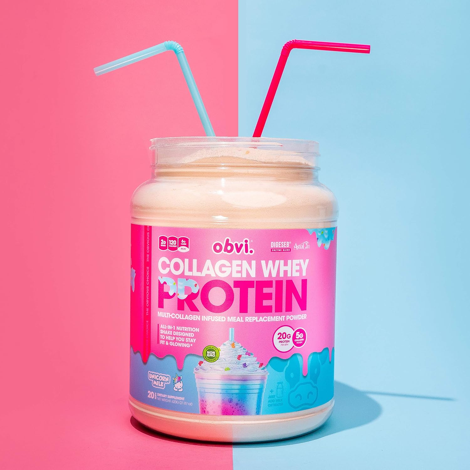 Obvi Collagen Whey Protein Powder, Multi-Collagen Infused Meal Replacement, Delicious Flavored Shake, Supports Healthy Hair, Skin, Nails, and Joints (20 Servings, Unicorn Milk)