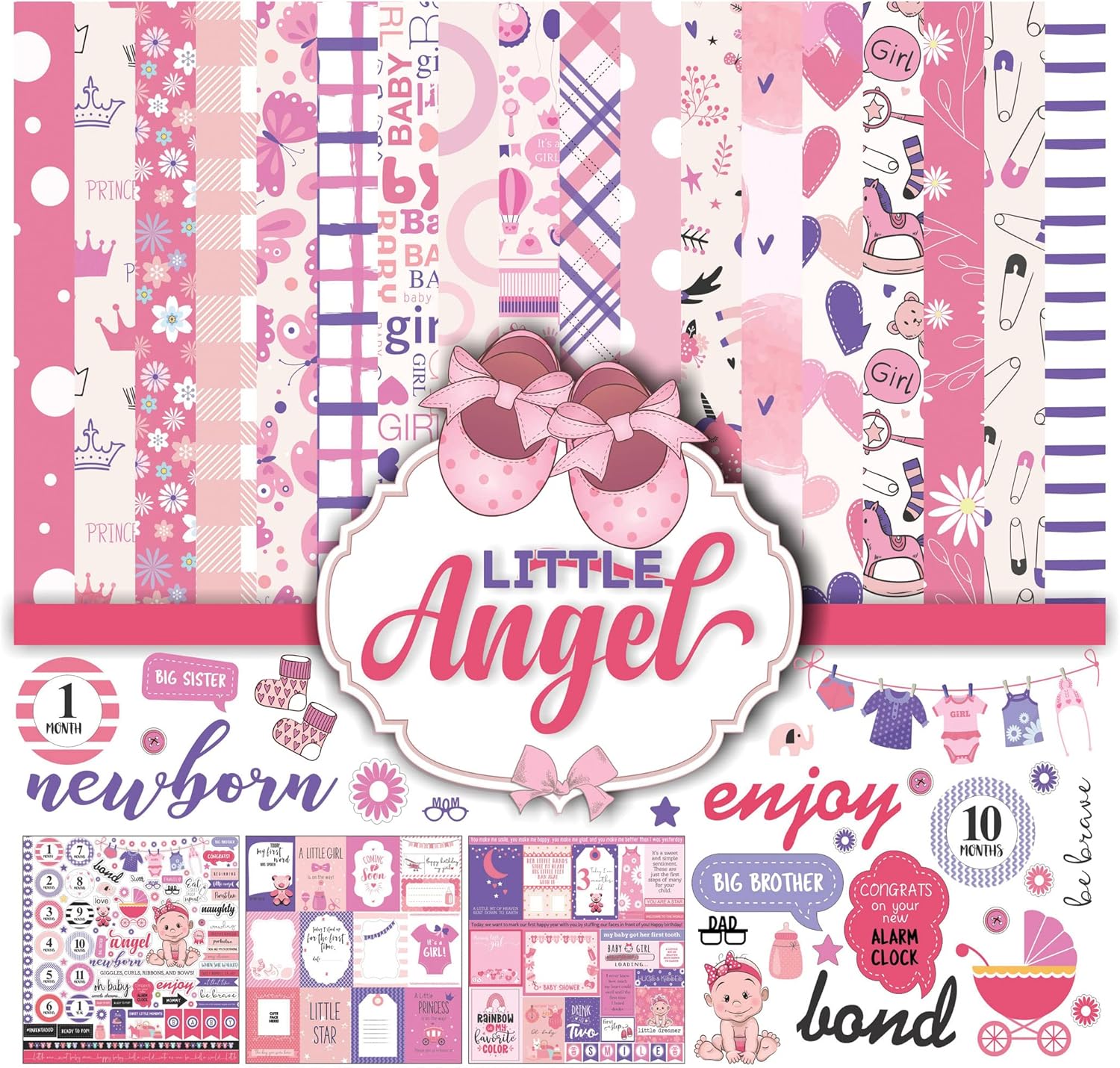 Pink Baby Girl Theme Collection Double,Sided Scrapbook Paper Kit Cardstock 12"x12" Card Making Paper Pack of with Sticker Sheet - 16 Pages - Baby Pink